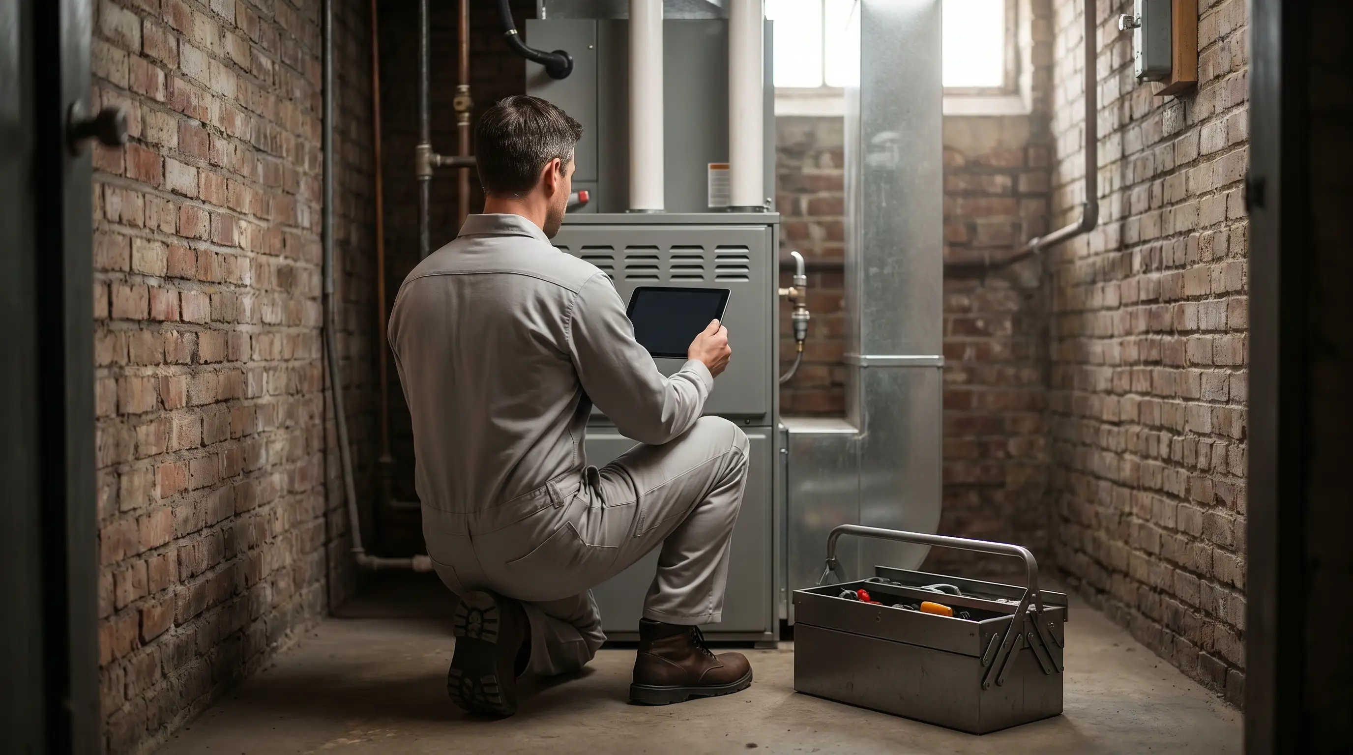 Professional HVAC technician servicing a heat pump on a New Bedford, MA residential building in winter