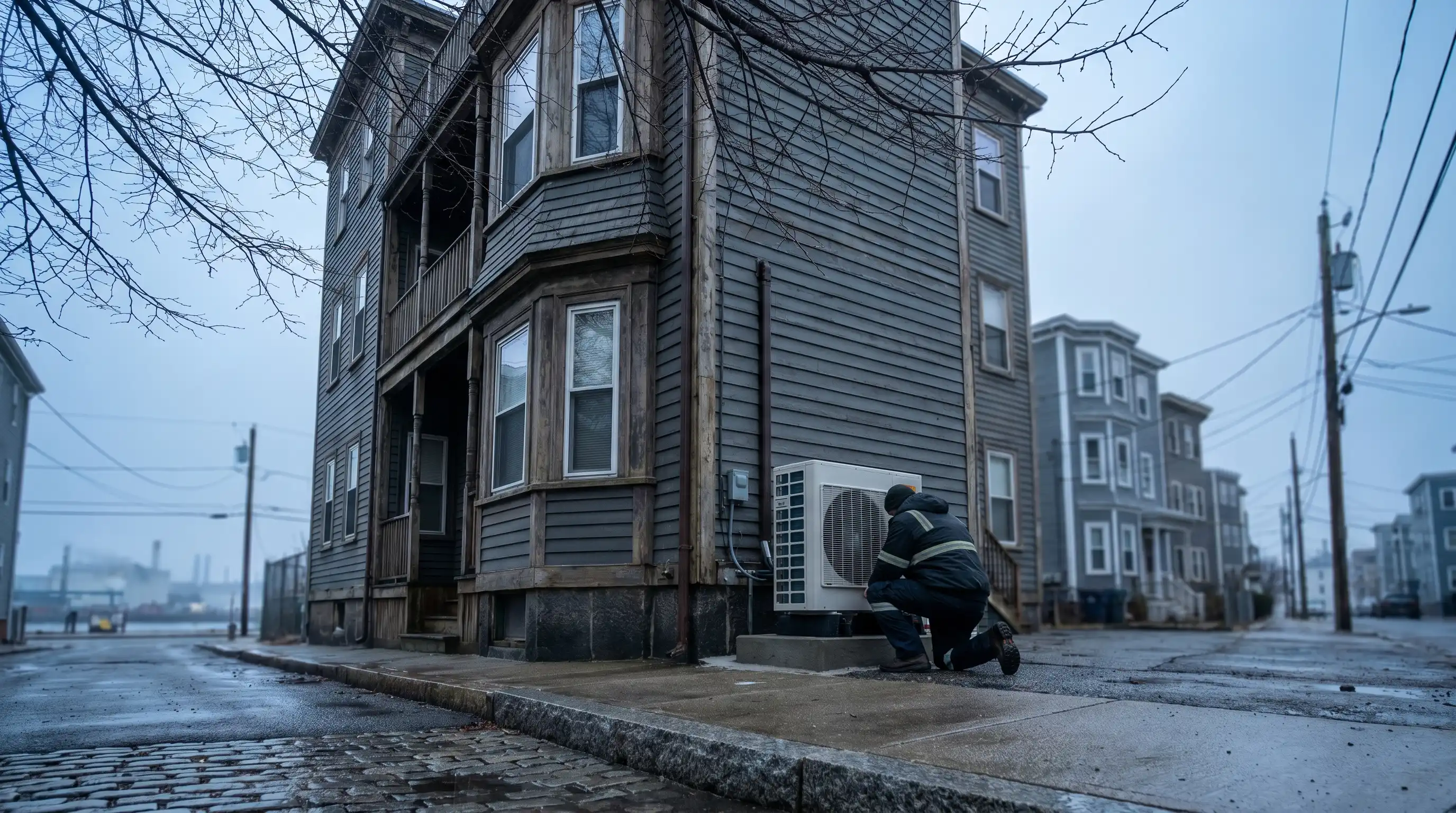 Professional HVAC technician servicing a heat pump on a New Bedford, MA residential building in winter
