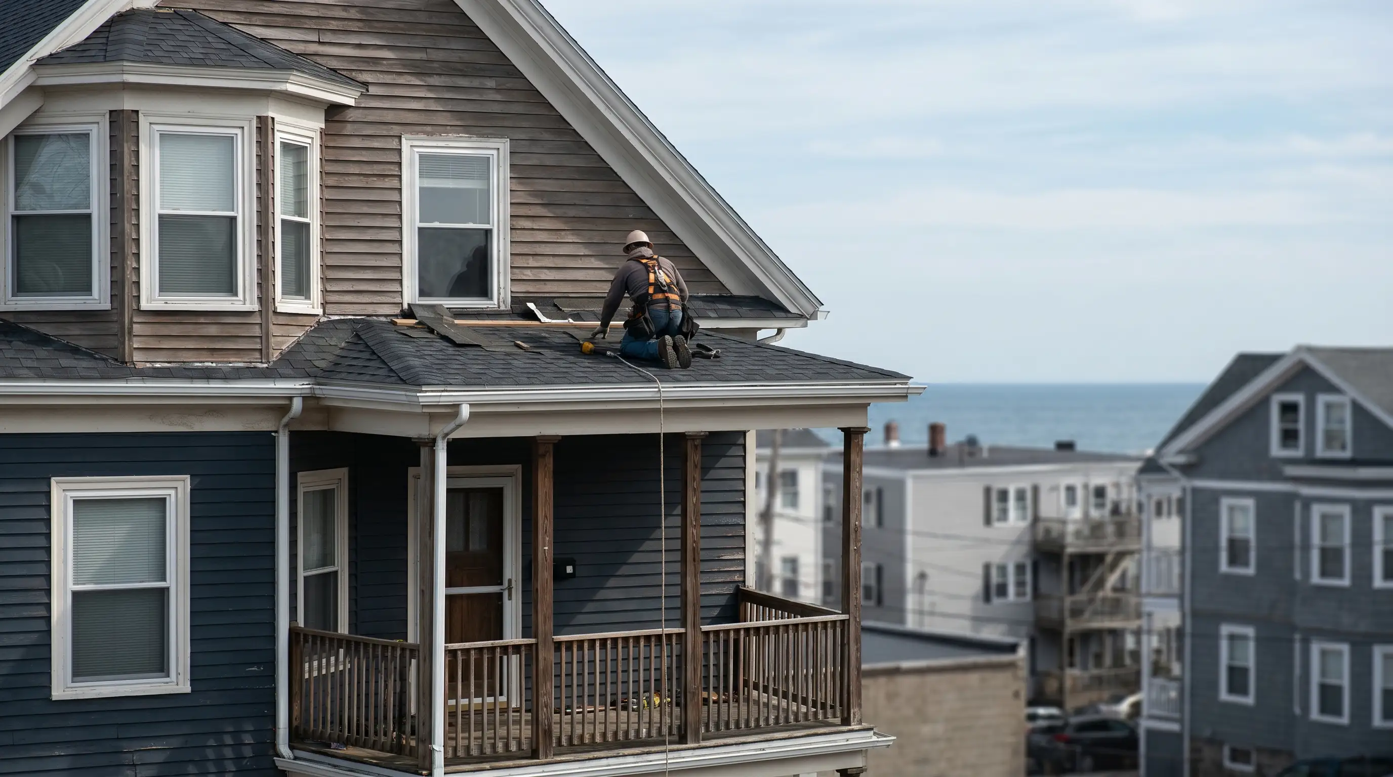 Professional roofing contractor installing shingles on a New Bedford, MA triple-decker residential building