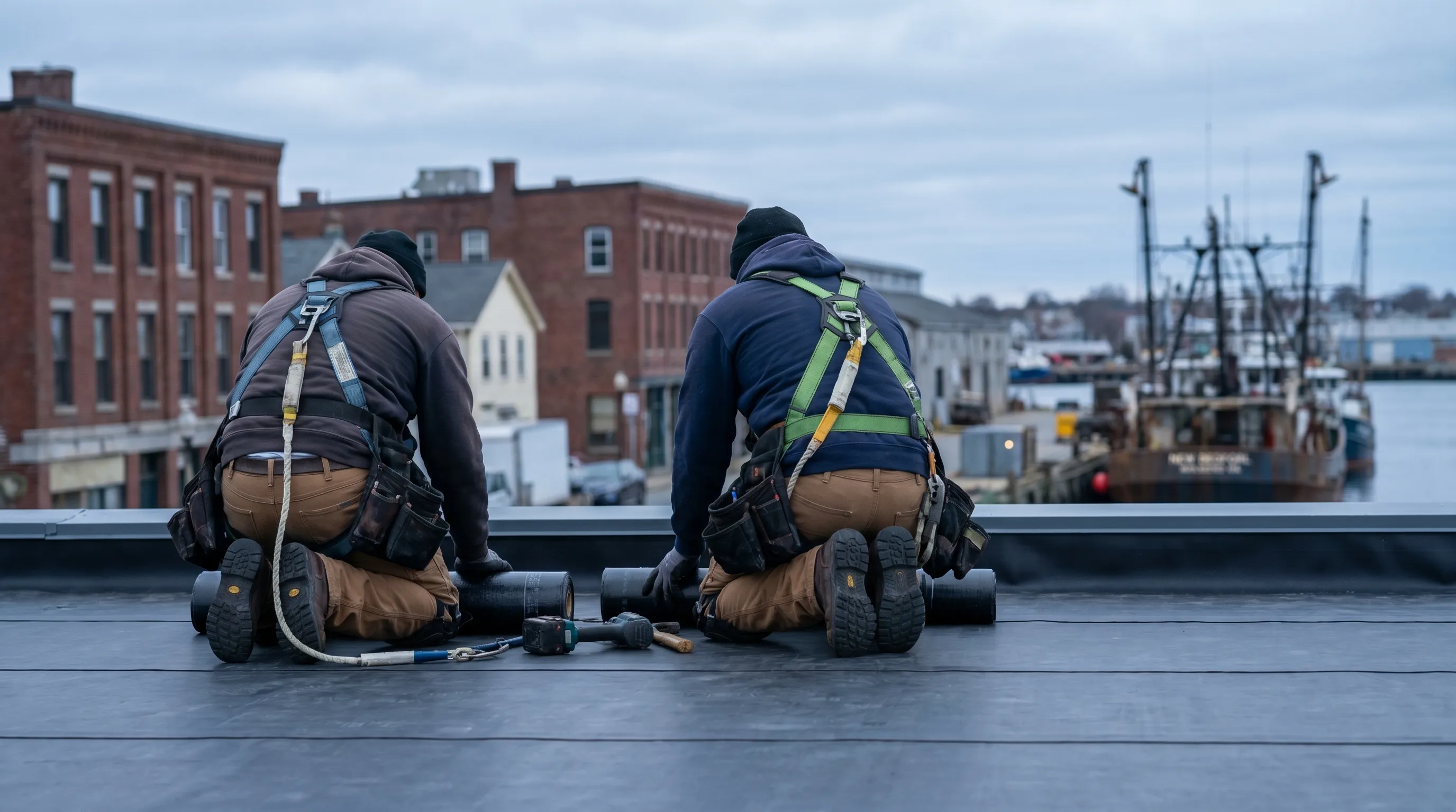 Professional roofing contractor installing shingles on a New Bedford, MA triple-decker residential building