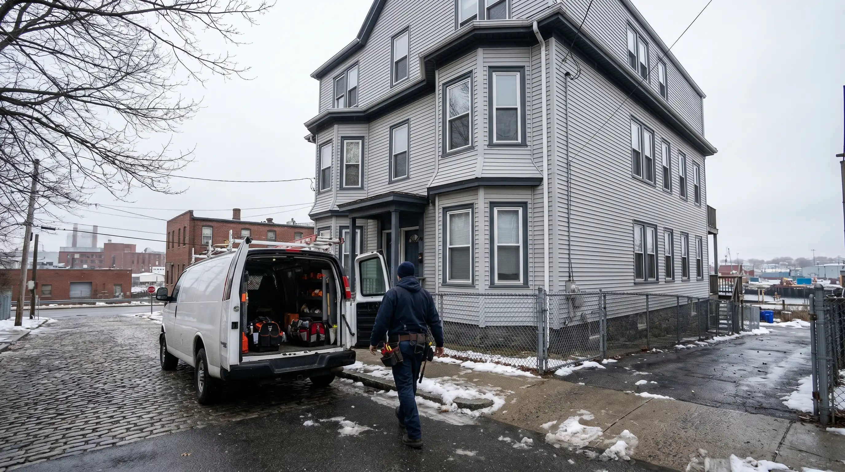Professional plumber working on pipe repair in a New Bedford, MA residential apartment