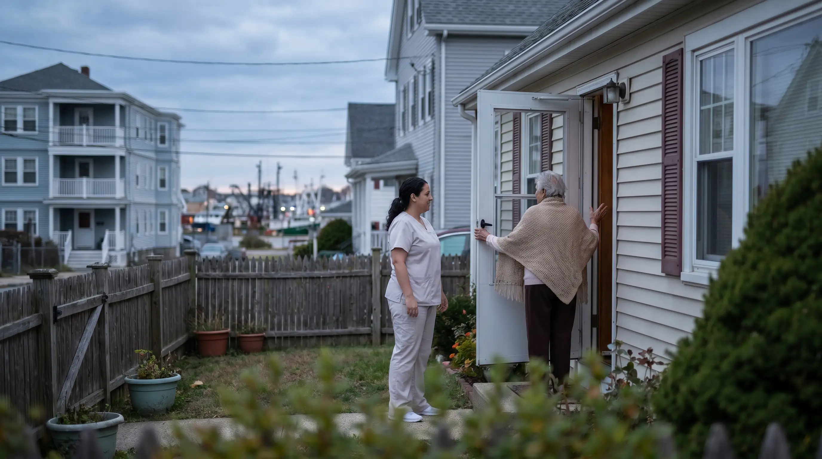 Professional caregiver assisting an elderly client at home in a New Bedford, MA residential neighborhood