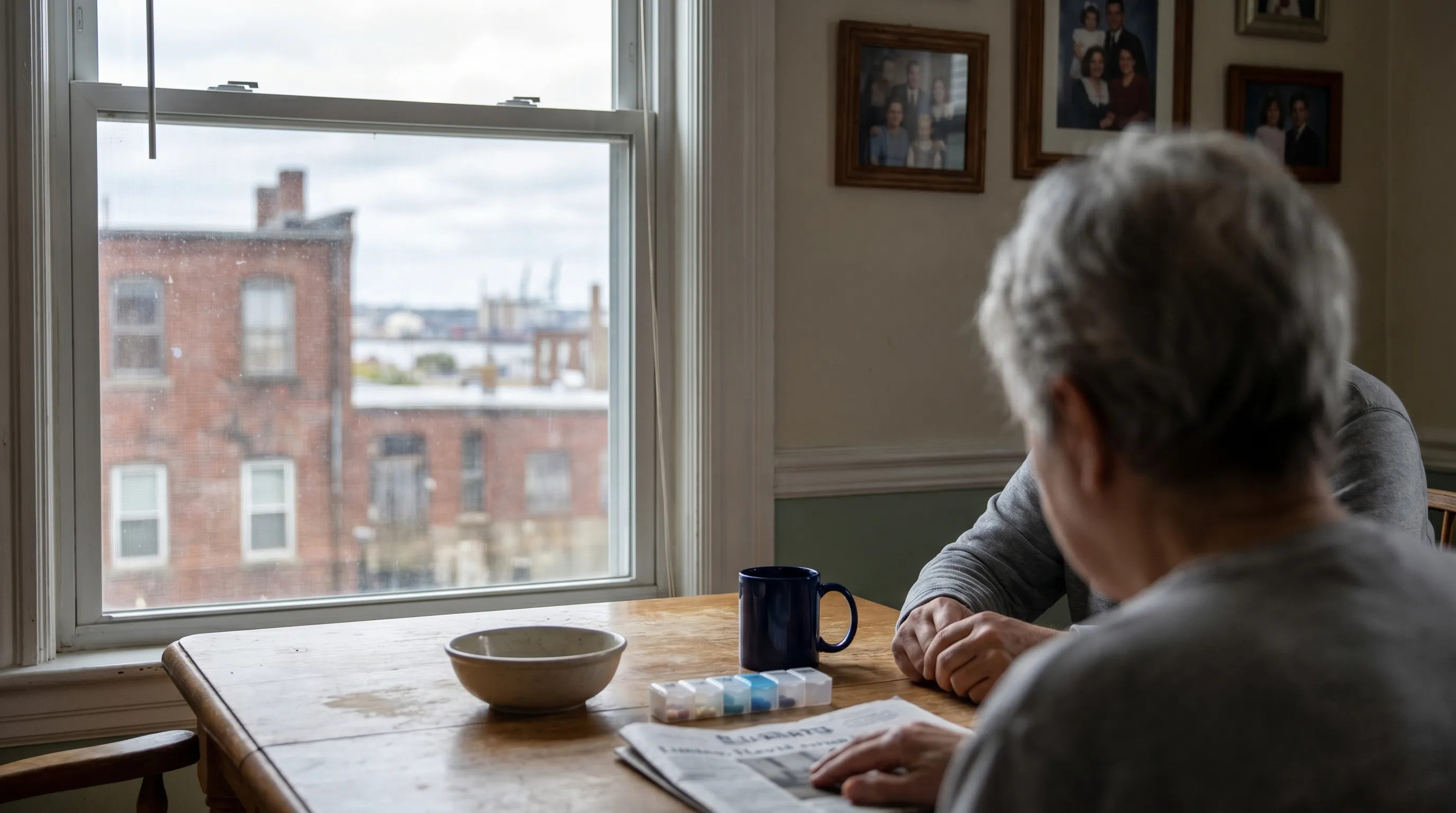 Professional caregiver assisting an elderly client at home in a New Bedford, MA residential neighborhood
