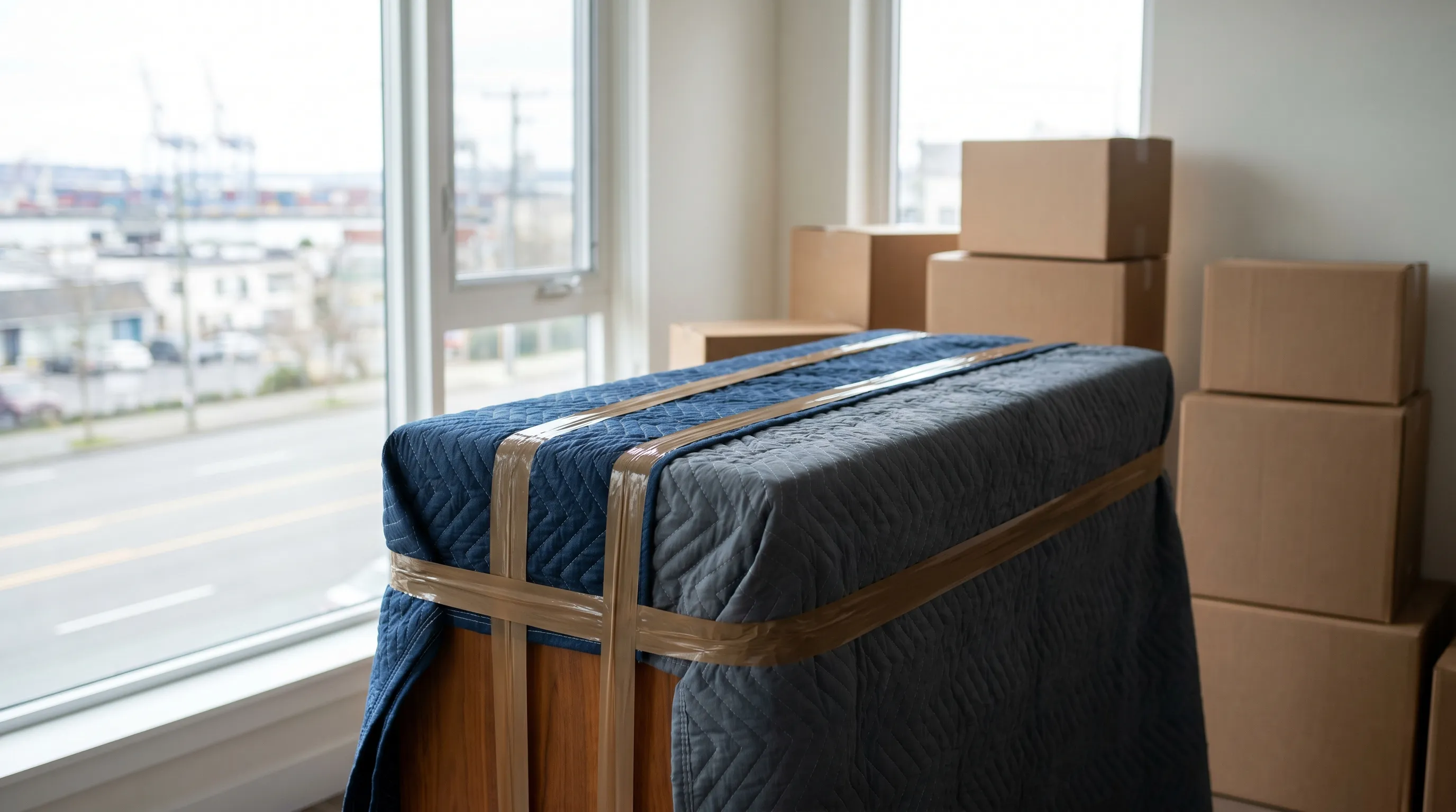 Moving truck and two professional movers loading furniture outside a New Bedford, MA triple-decker apartment building