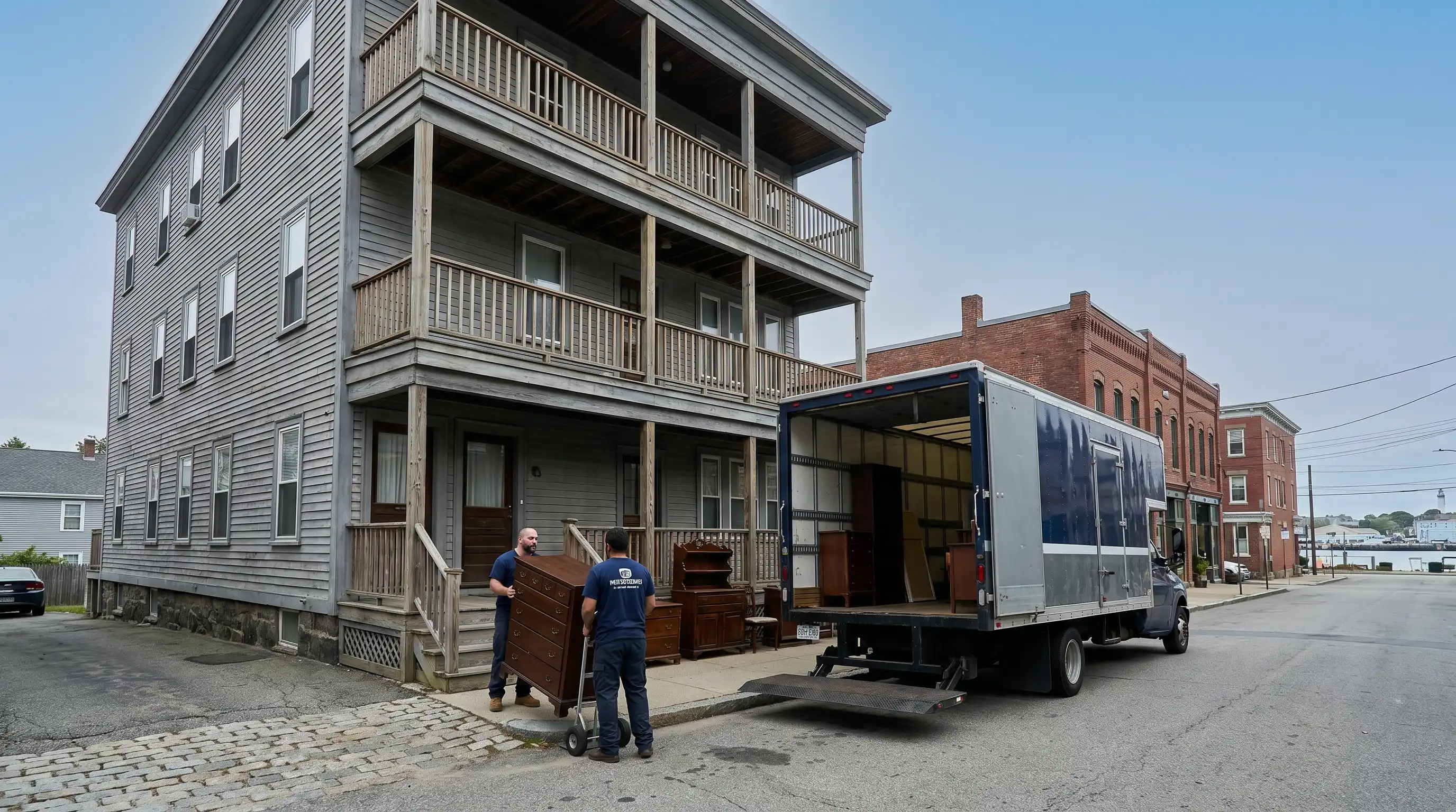 Moving truck and two professional movers loading furniture outside a New Bedford, MA triple-decker apartment building