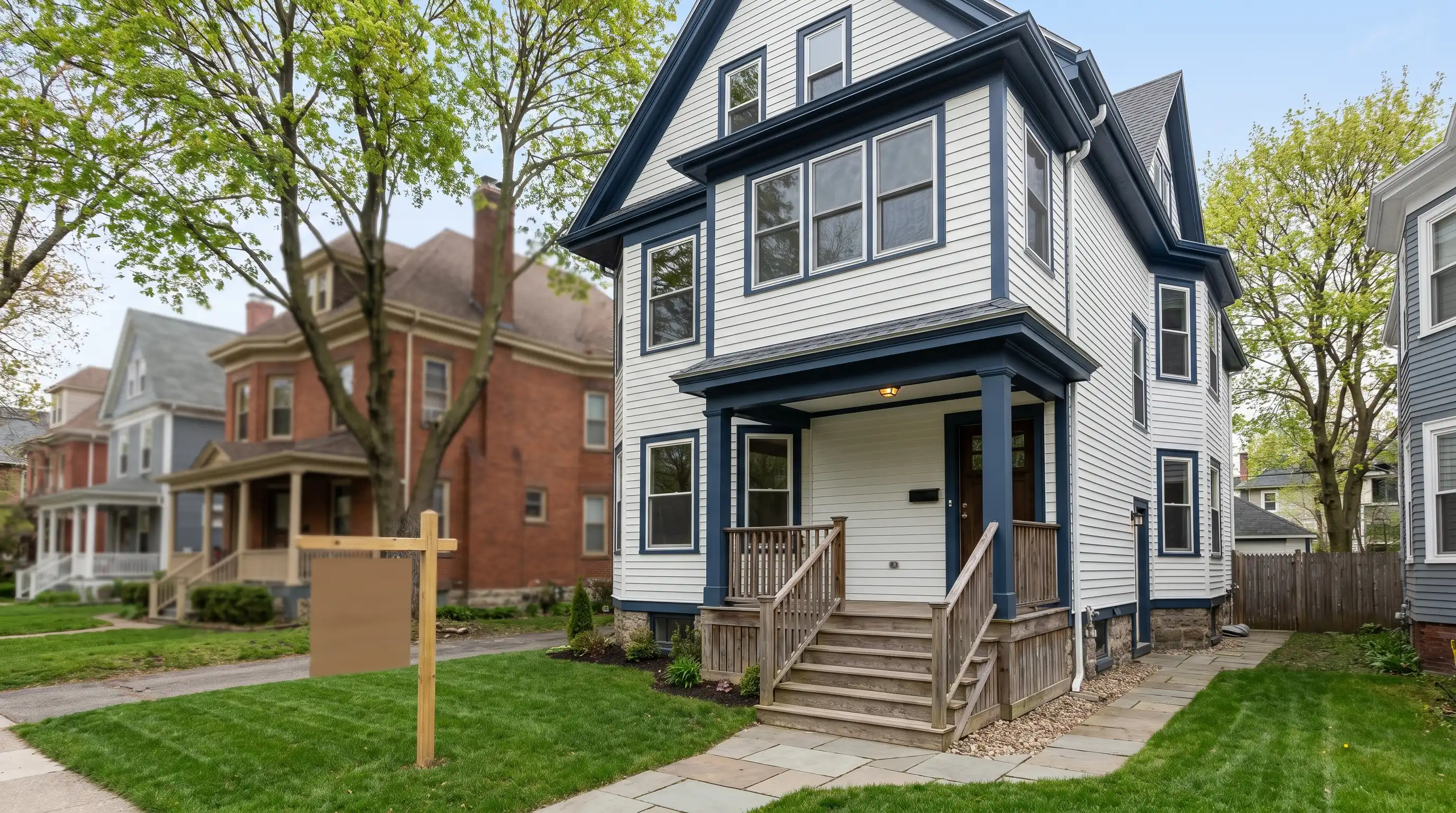 Real estate agent showing a classic New Bedford, MA triple-decker property to first-time homebuyers on a sunny spring afternoon