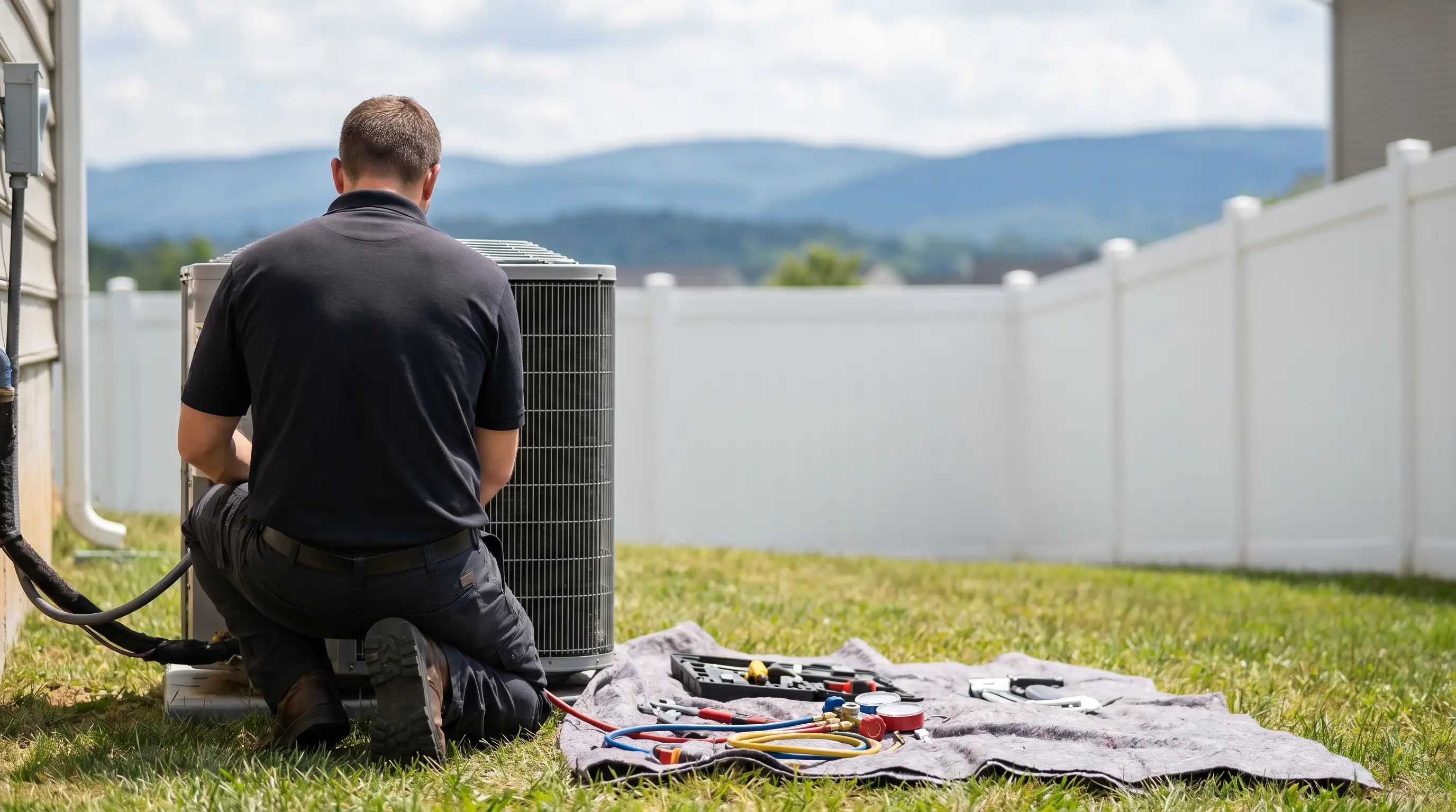 HVAC technician in a company-branded polo kneeling beside a residential condenser unit in a suburban Roanoke backyard, Blue Ridge foothills visible over a white fence in the background