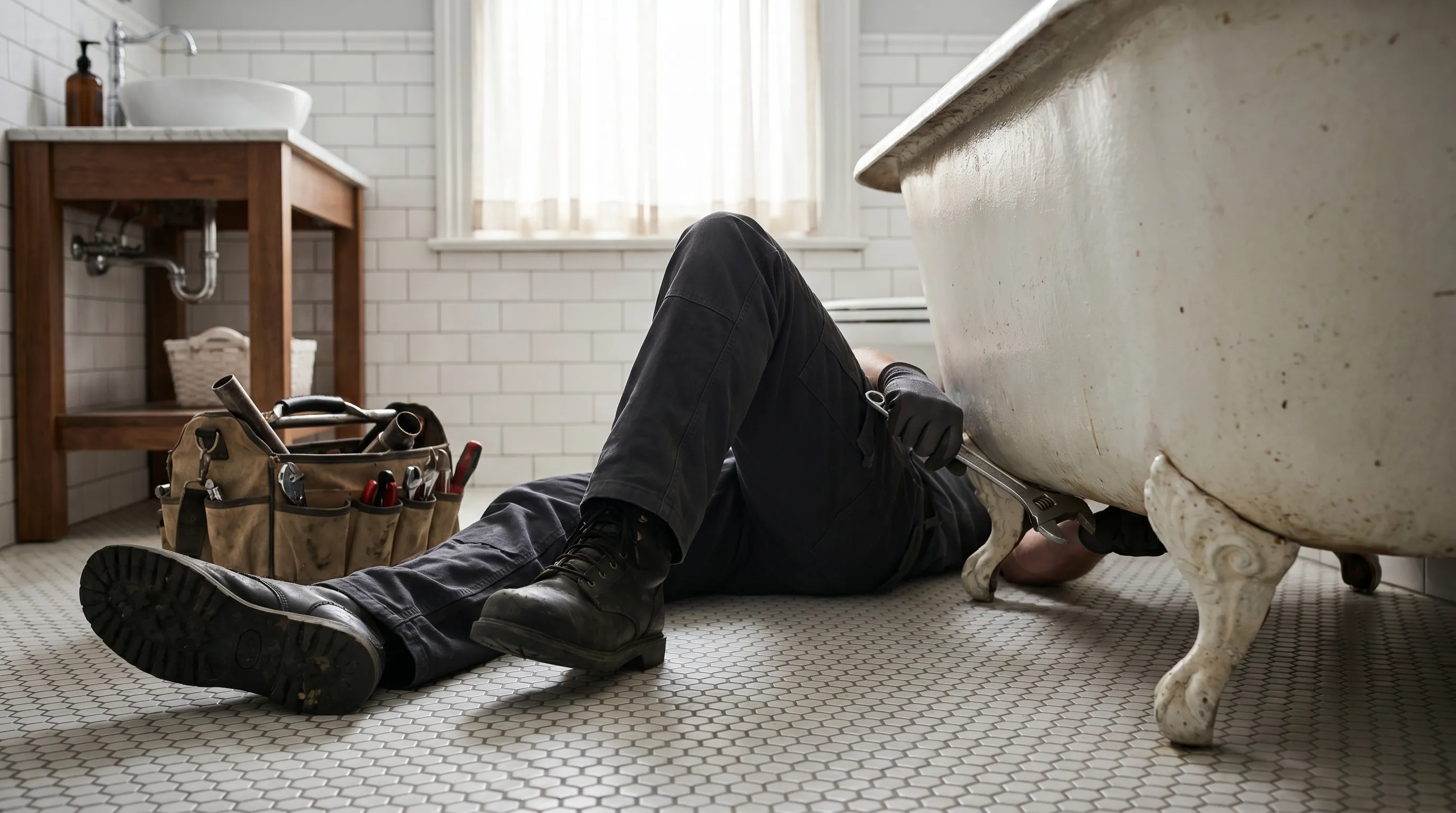 Plumber in work gear working under a vintage cast-iron clawfoot tub in a pre-1960 Roanoke home, original hex tile flooring and exposed pipe fitting visible, toolbag open beside them