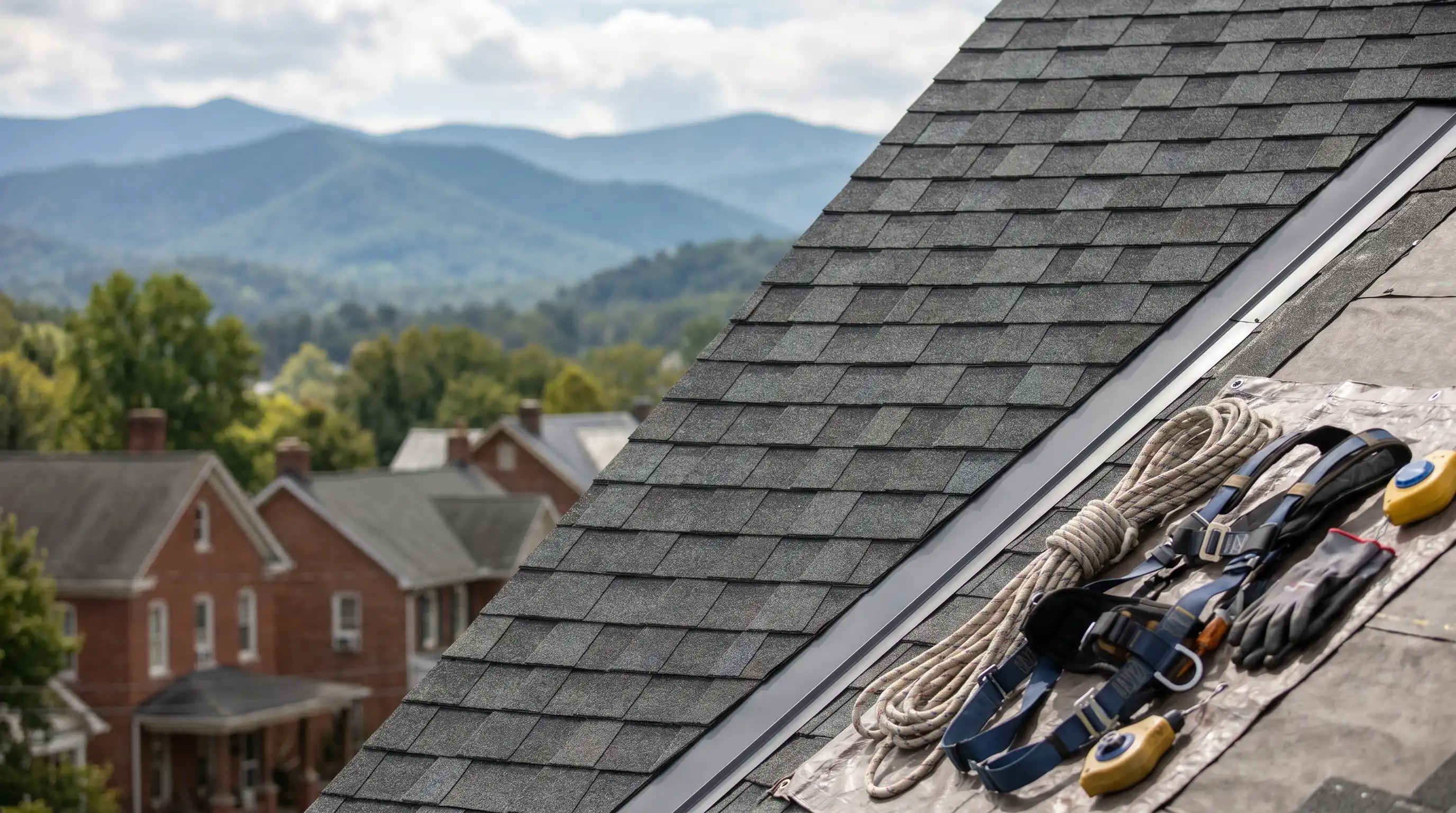 Roofing crew on a residential roof in Roanoke, two workers in safety harnesses laying architectural shingles, Blue Ridge Mountains visible in the background under a partly cloudy sky