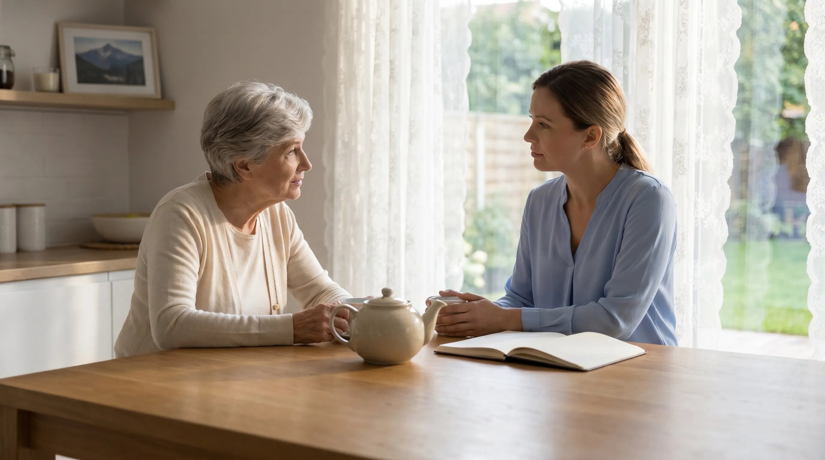 Senior woman and in-home caregiver sitting together at a bright kitchen table in a Roanoke home, caregiver reviewing a schedule while the senior smiles, warm afternoon light through lace curtains