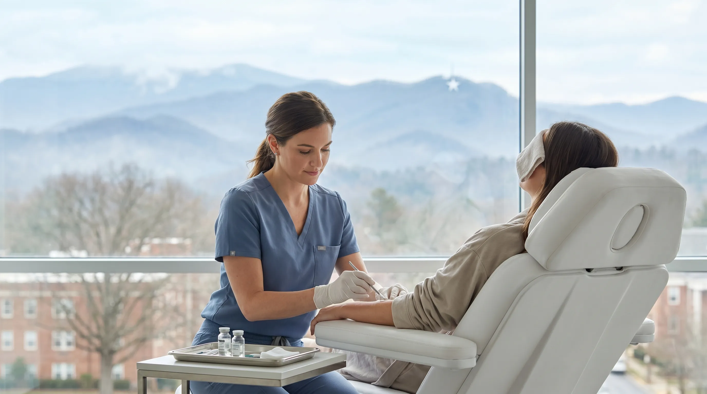 Medspa practitioner in scrubs and gloves administering an injectable treatment to a woman in her early 40s reclining in a treatment chair, soft clinical lighting, minimalist white interior, the practitioner's technique precise and professional in a Roanoke