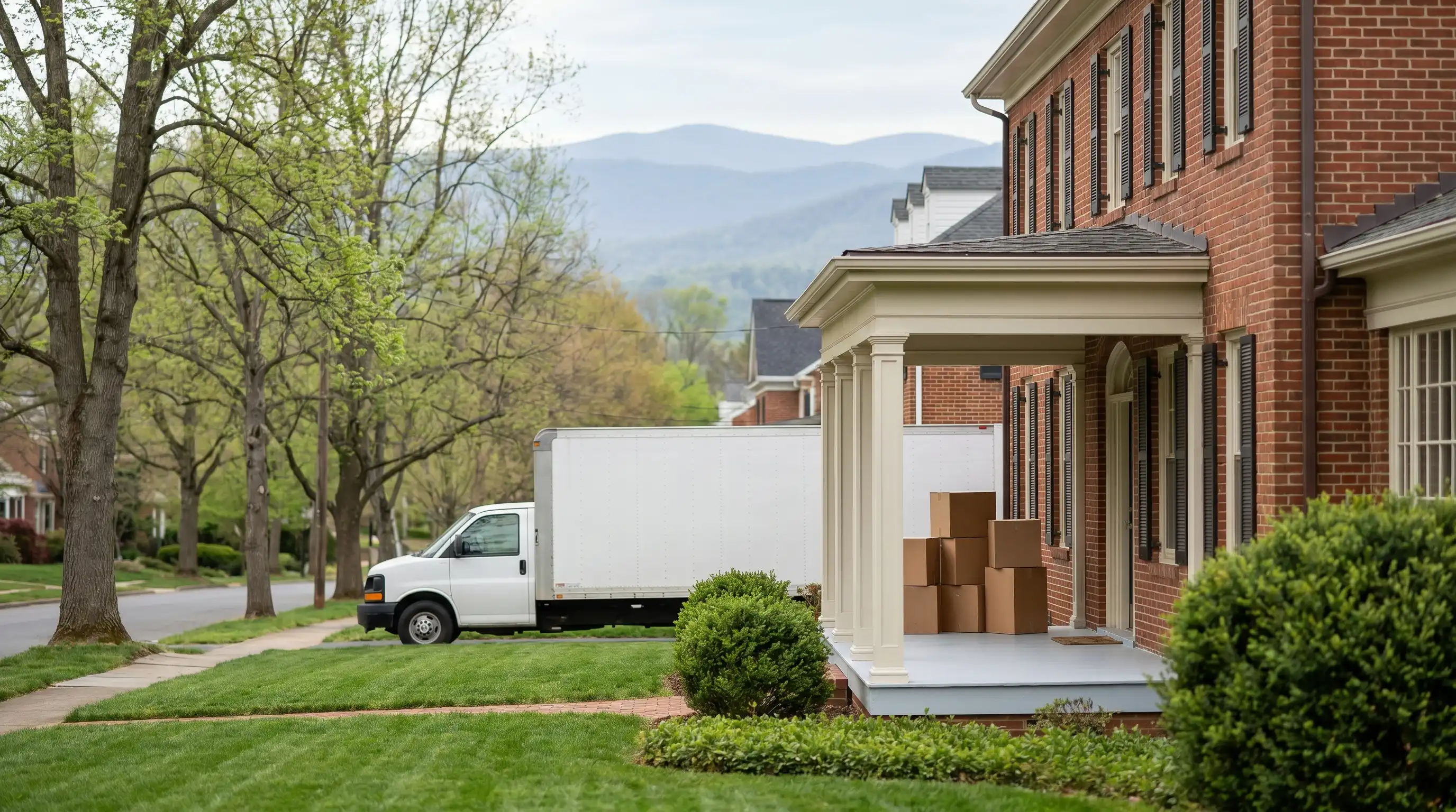 Moving crew in company-branded uniforms carefully carrying wrapped furniture through the front door of a brick Colonial home on a tree-lined Roanoke street, Blue Ridge Mountains layered in the background, green lawn and warm spring morning light