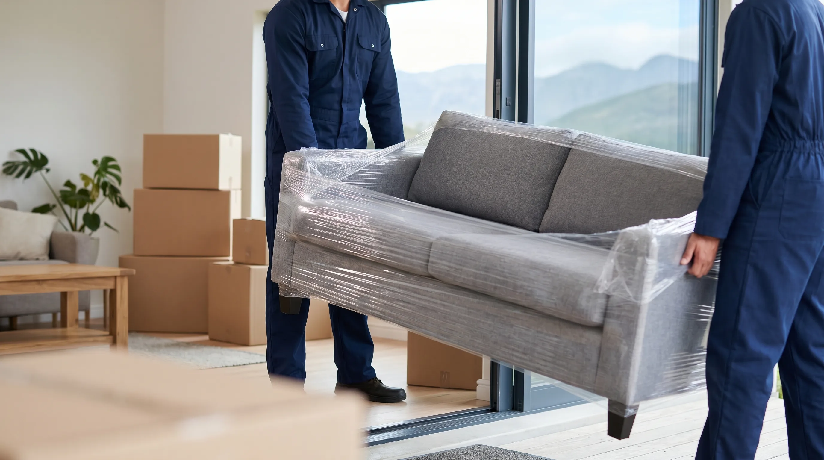Moving crew in company-branded uniforms carefully carrying wrapped furniture through the front door of a brick Colonial home on a tree-lined Roanoke street, Blue Ridge Mountains layered in the background, green lawn and warm spring morning light