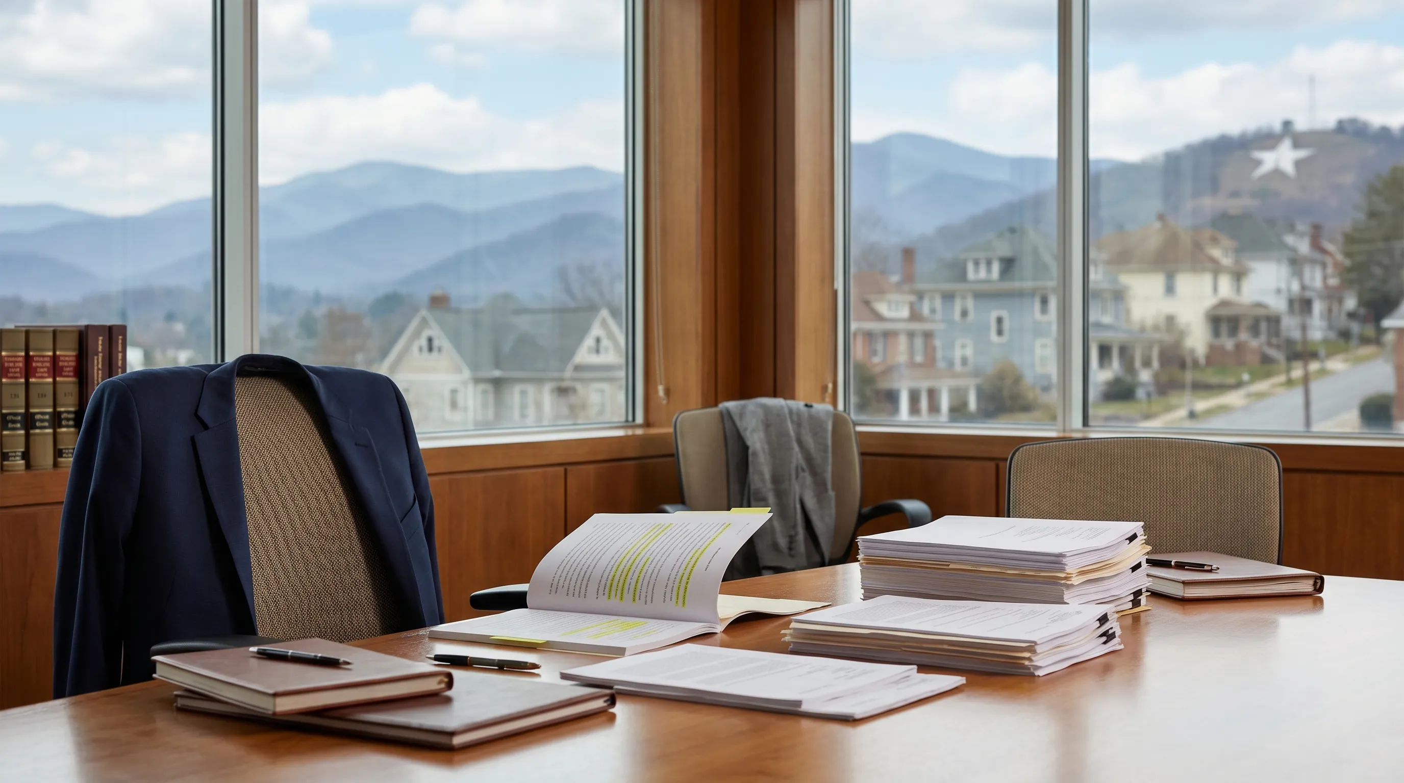 Attorney in a suit seated across a conference table from a client couple in a professional Roanoke law office, case documents spread on the table, the attorney gesturing to a highlighted section, law books on shelves in the background, warm professional li