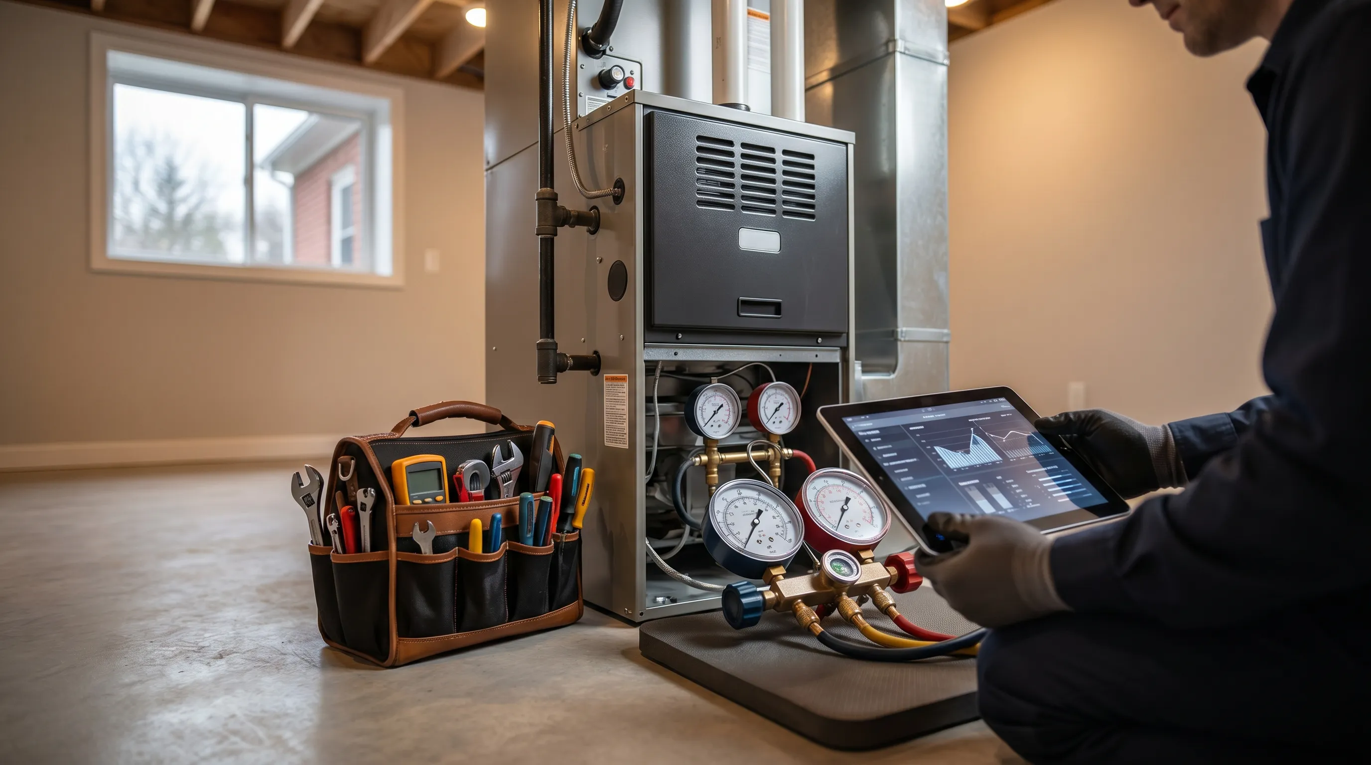 Professional HVAC technician servicing a residential furnace in a Kenosha, WI home basement