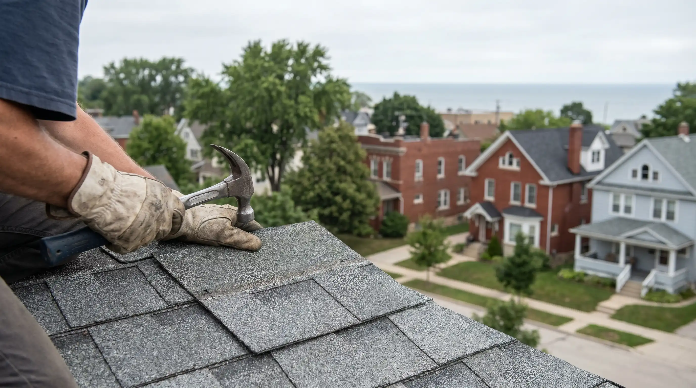 Professional roofing crew installing new shingles on a two-story home in Kenosha, WI with Lake Michigan in the background