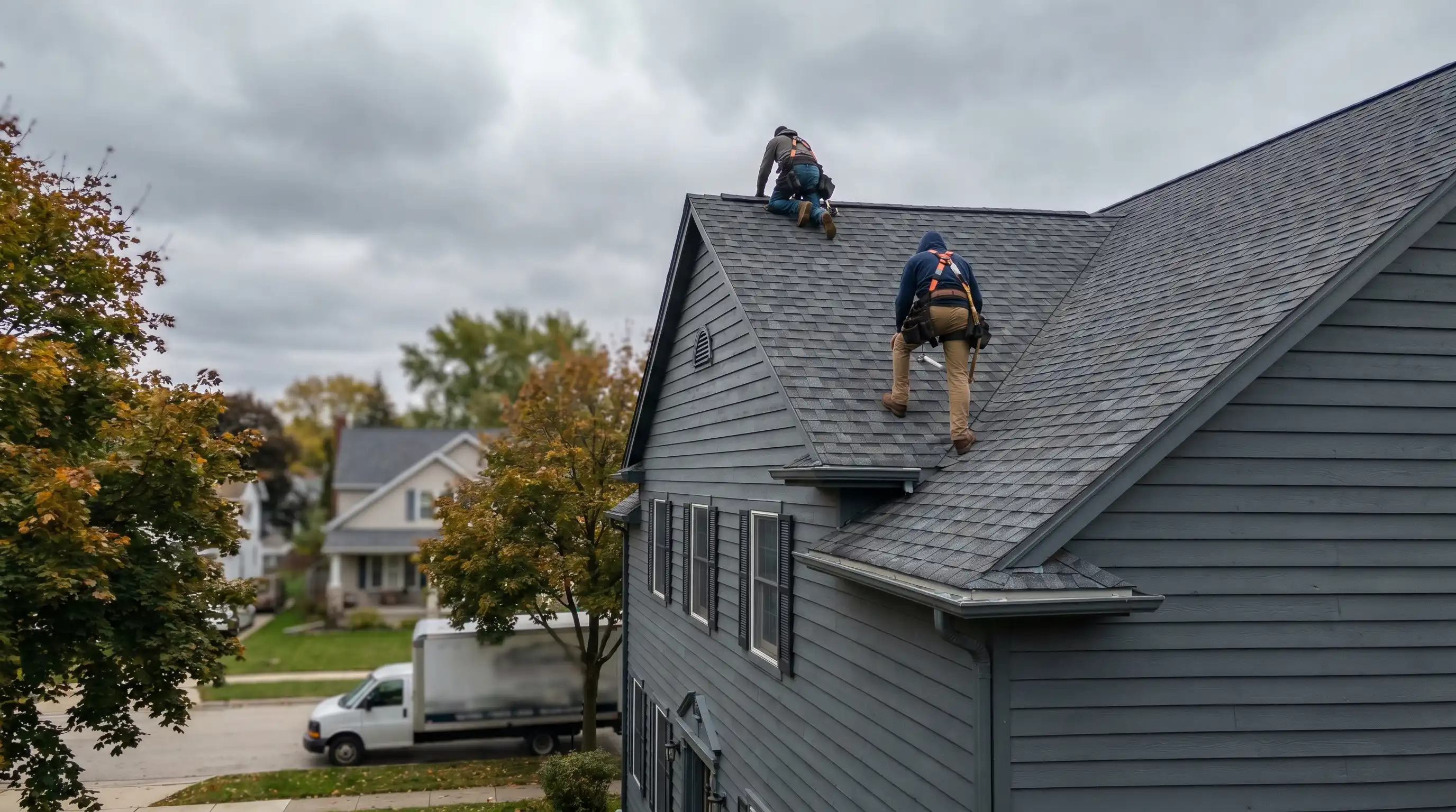 Professional roofing crew installing new shingles on a two-story home in Kenosha, WI with Lake Michigan in the background