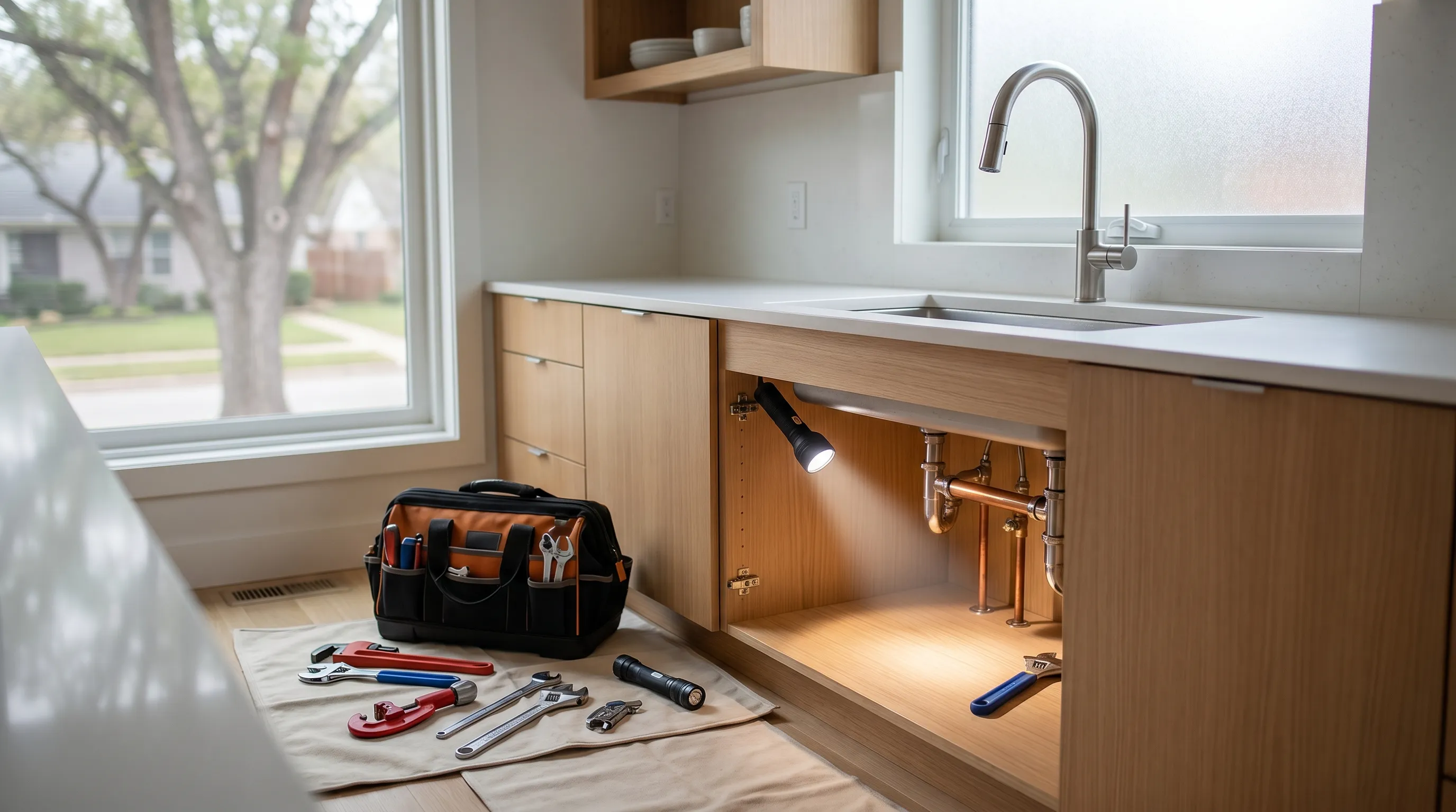 Professional plumber examining copper pipe connections under a kitchen sink in a Kenosha, WI home