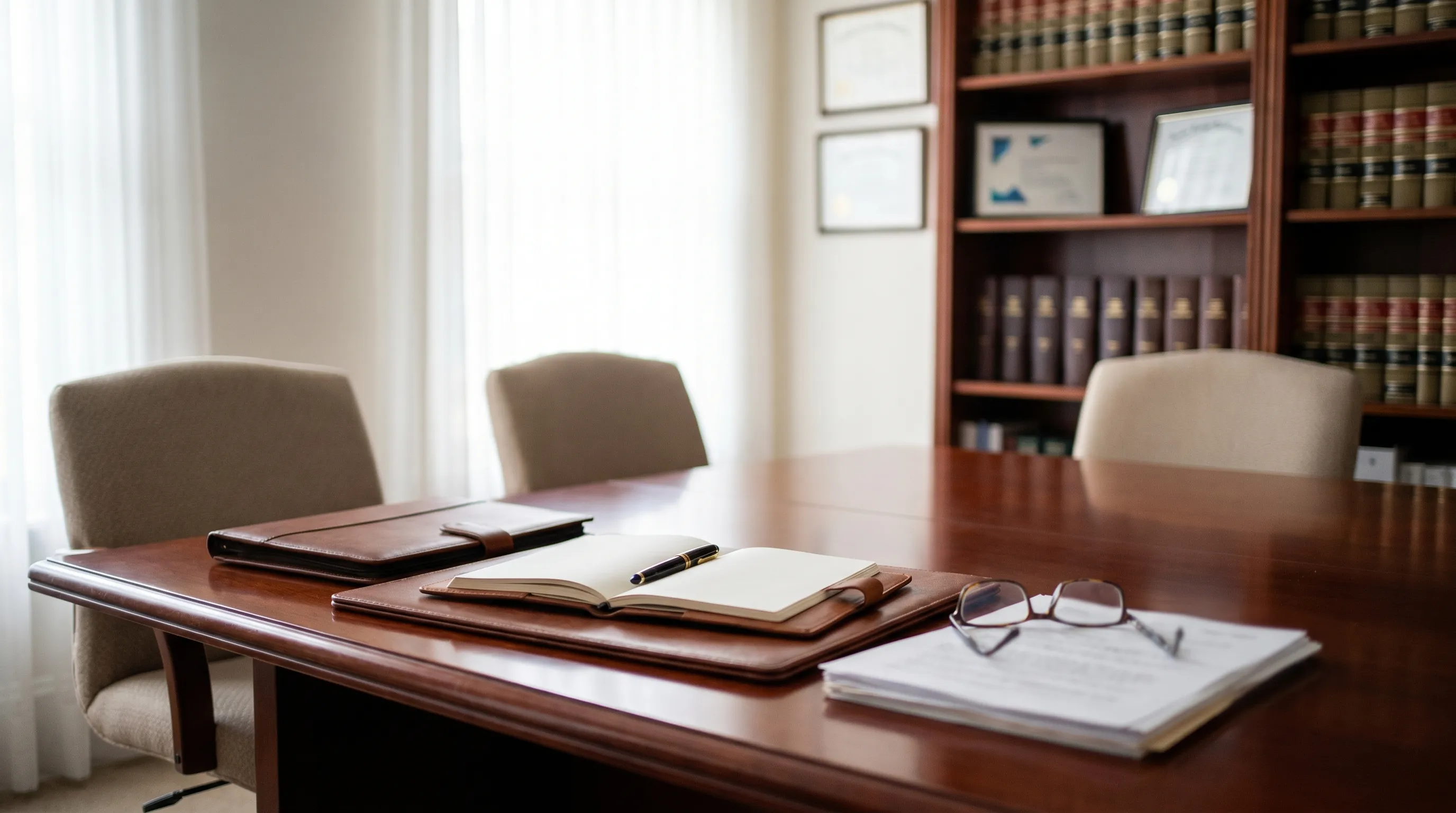 Professional attorney in a dark suit reviewing case documents at a mahogany desk in a Kenosha, WI law office with diplomas visible on the wall