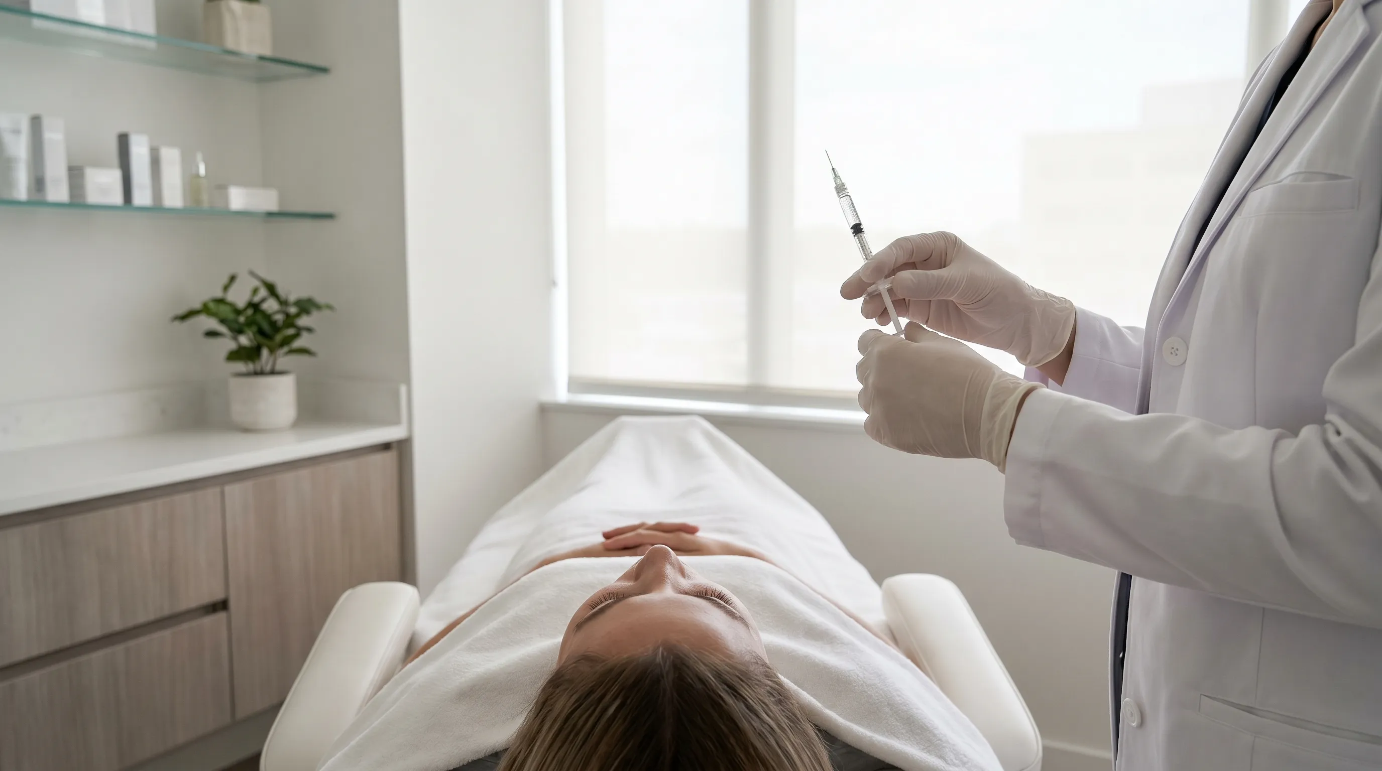 Professional nurse injector in a white coat preparing a treatment for a client in a modern upscale medspa treatment room in Kenosha, WI