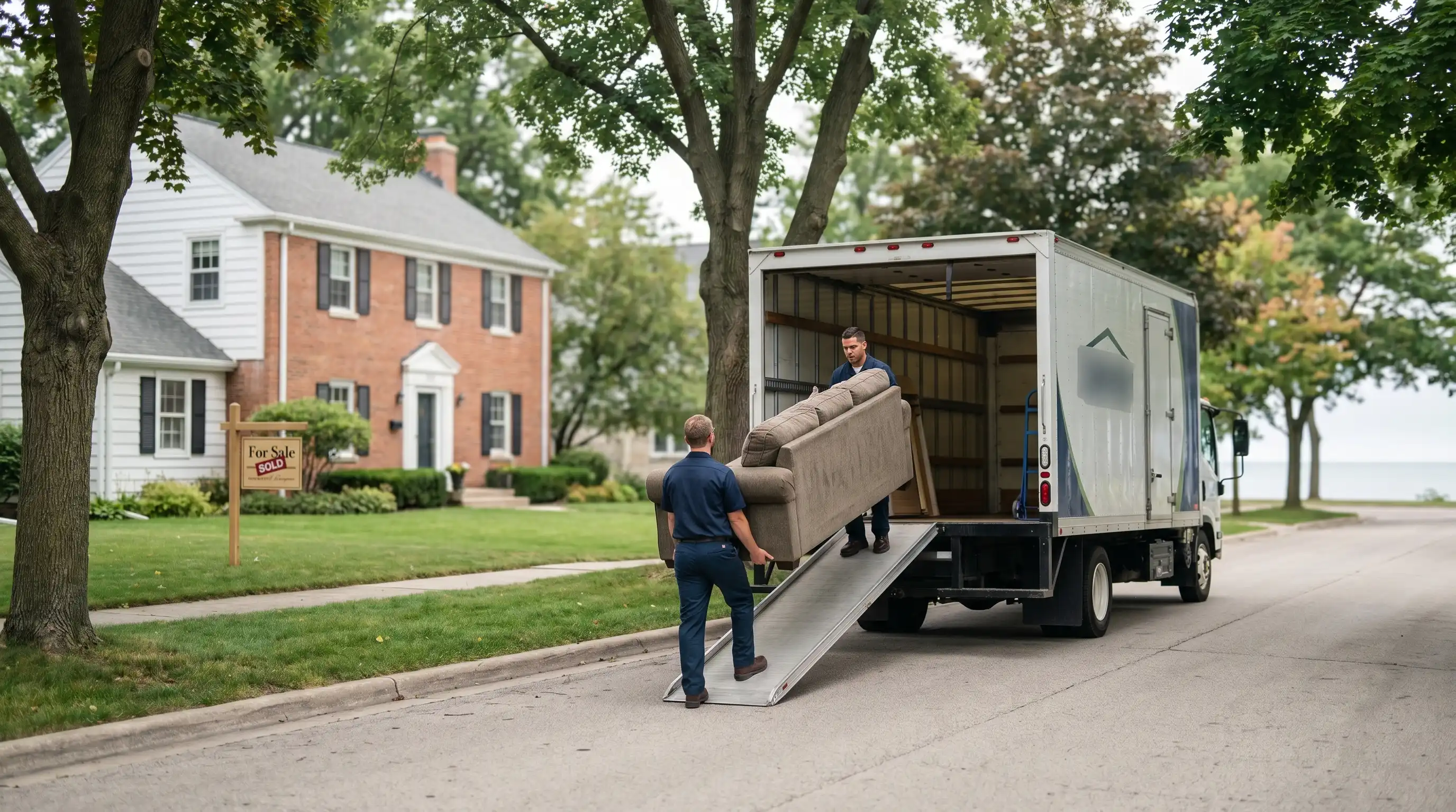 Professional moving crew loading a branded moving truck in front of a two-story home on a tree-lined Kenosha, WI street with a sold sign in the front yard