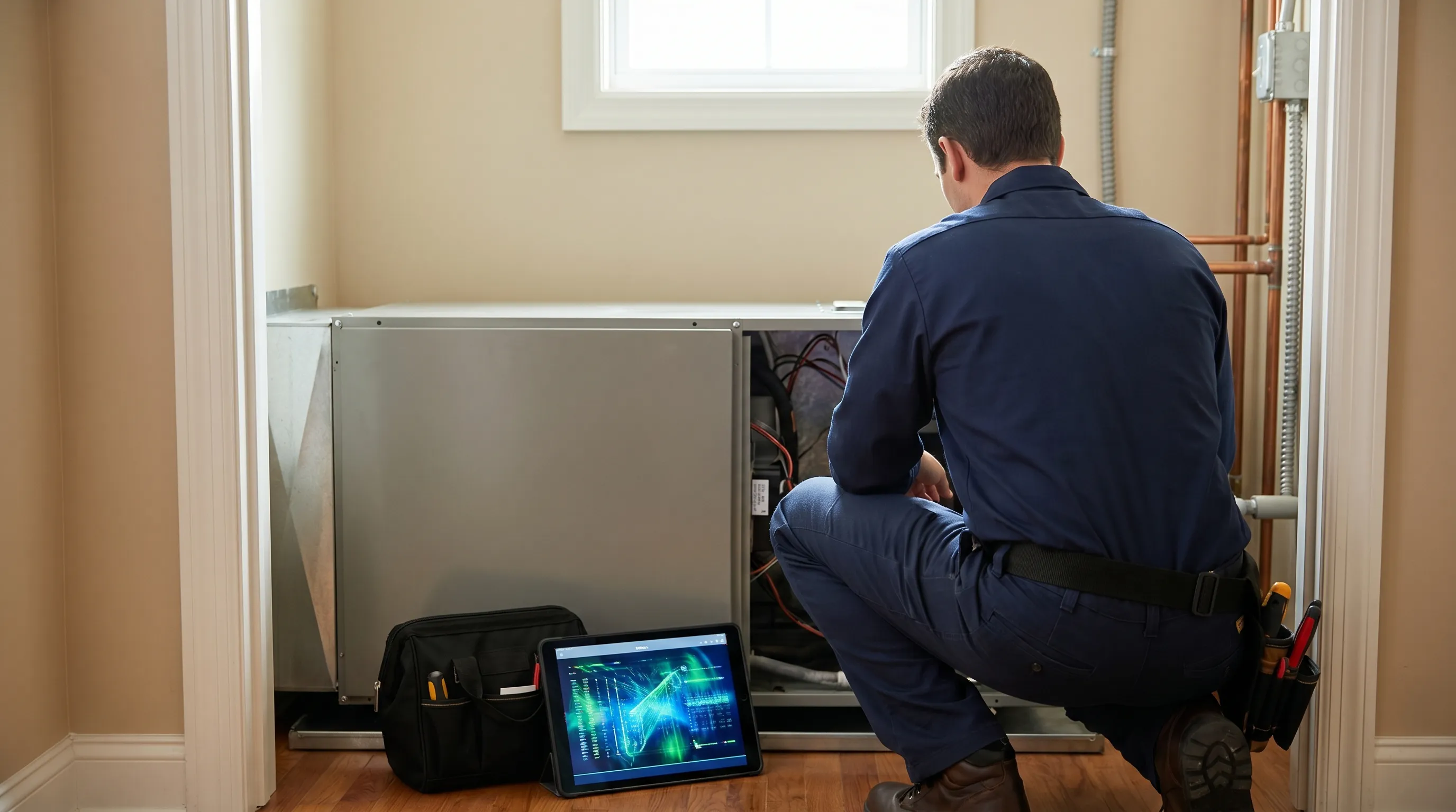 Professional HVAC technician servicing a residential air conditioning system in Tuscaloosa, AL