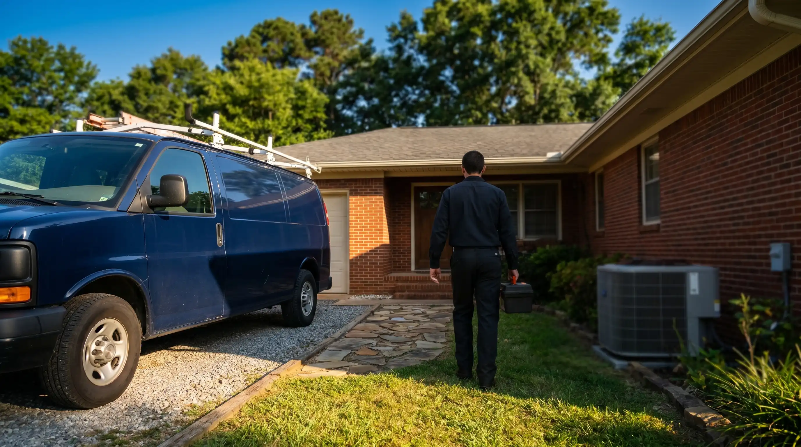 Professional HVAC technician servicing a residential air conditioning system in Tuscaloosa, AL