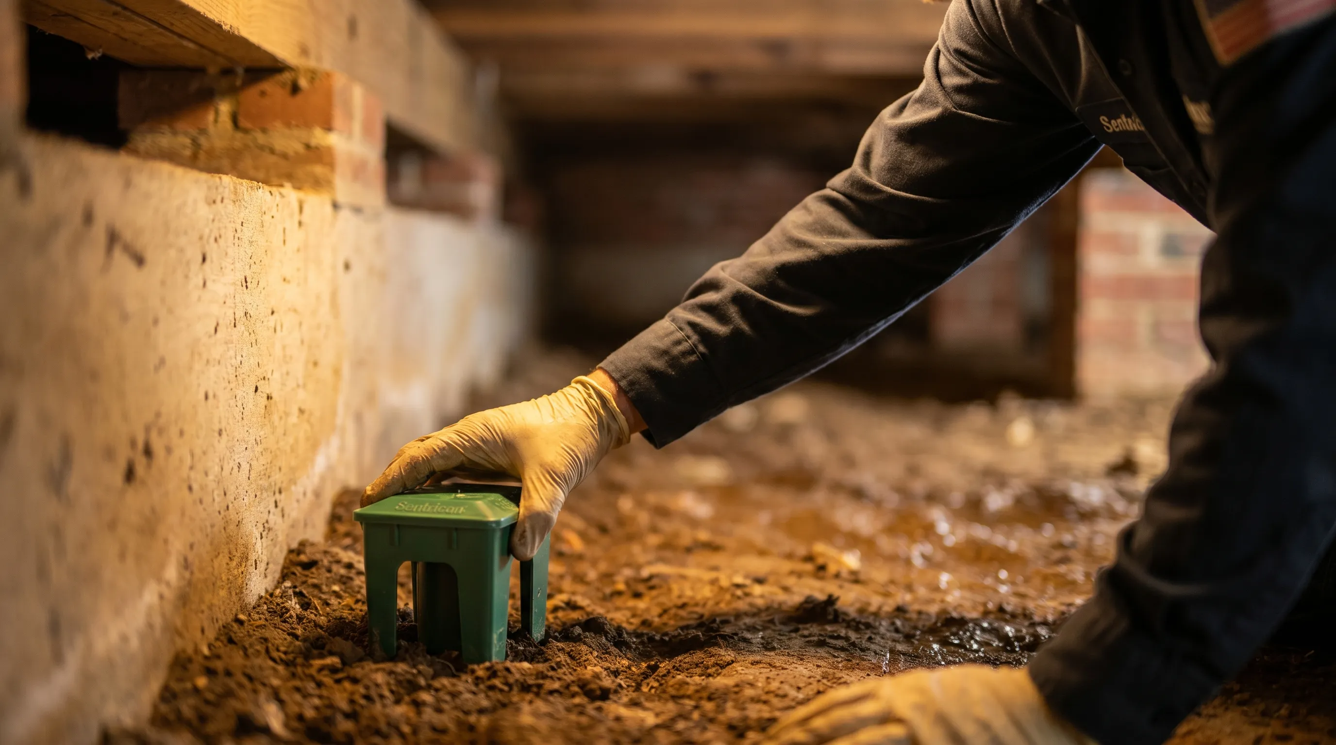 Pest control technician inspecting the foundation of a suburban home in Tuscaloosa, AL