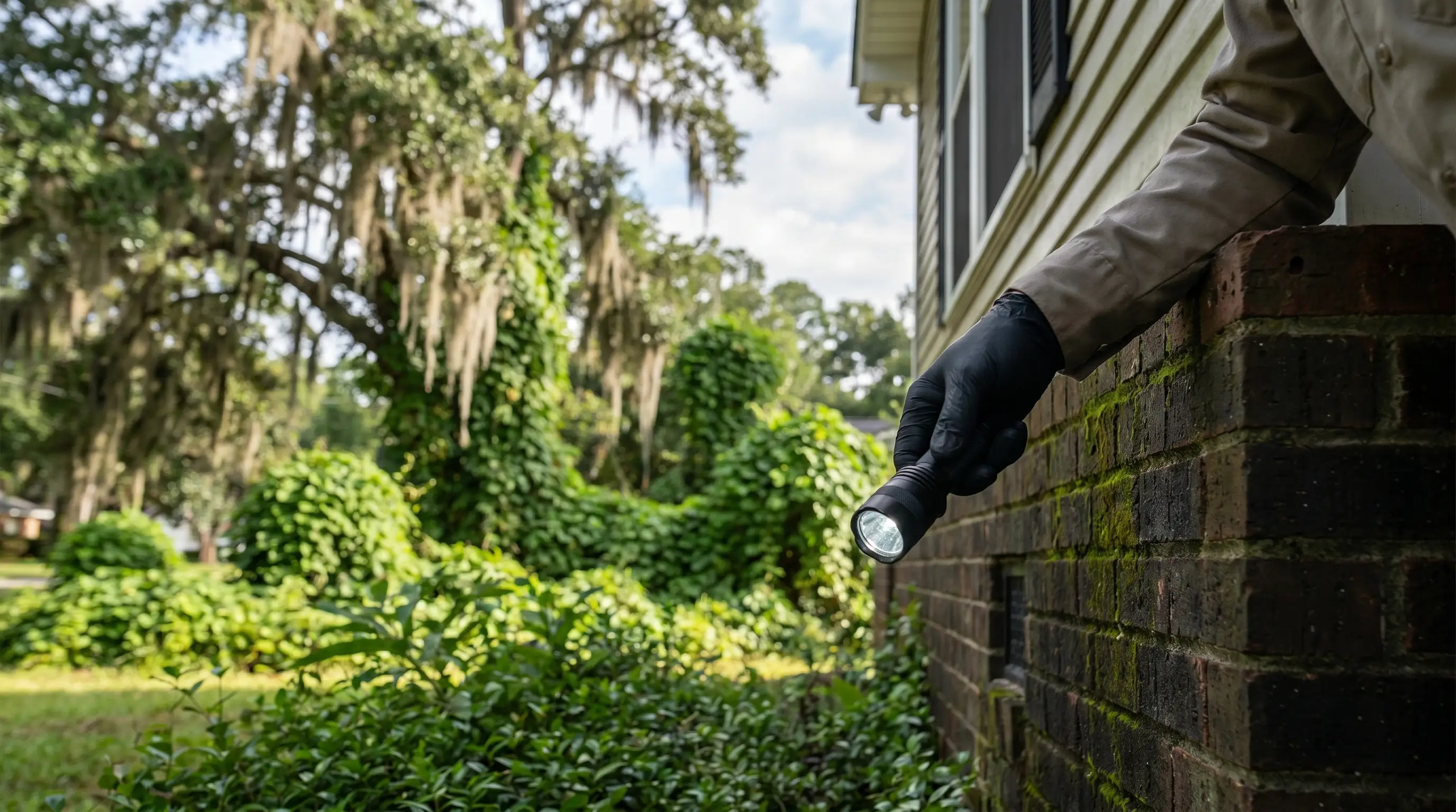 Pest control technician inspecting the foundation of a suburban home in Tuscaloosa, AL