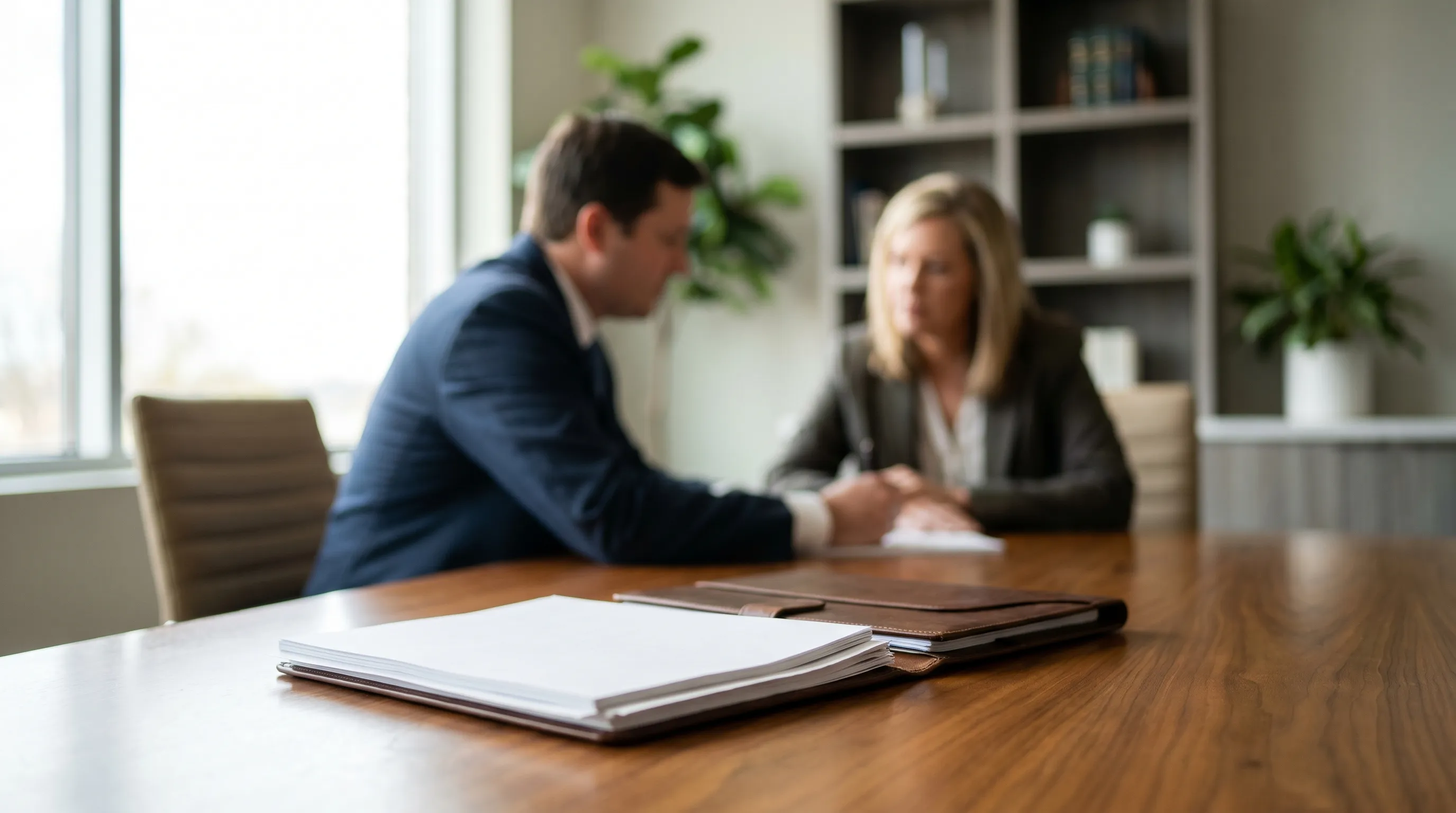 Professional attorney meeting with a client in a law office consultation room in Tuscaloosa, AL