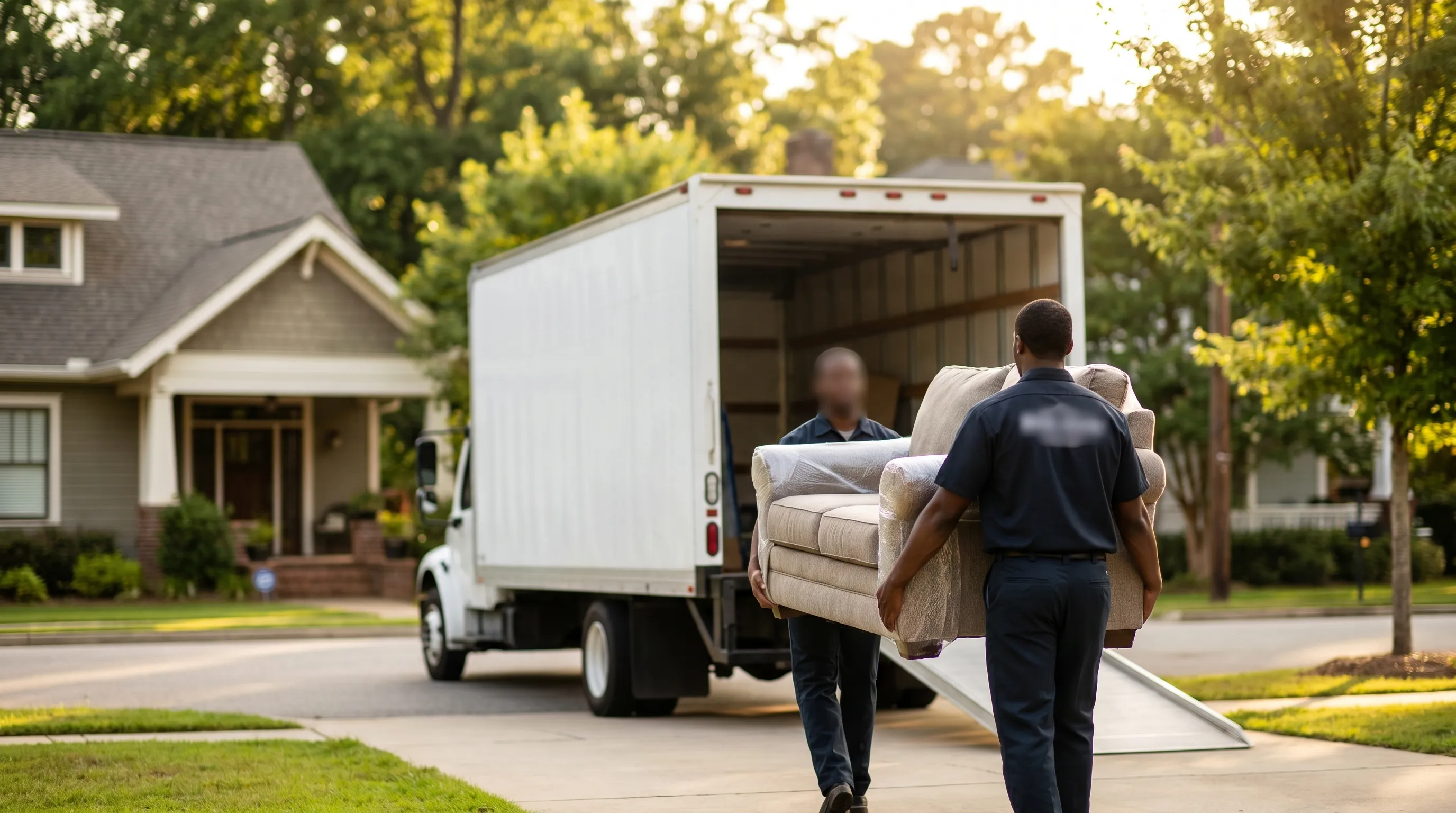 Moving crew loading furniture onto a truck outside a home in a Tuscaloosa, AL neighborhood