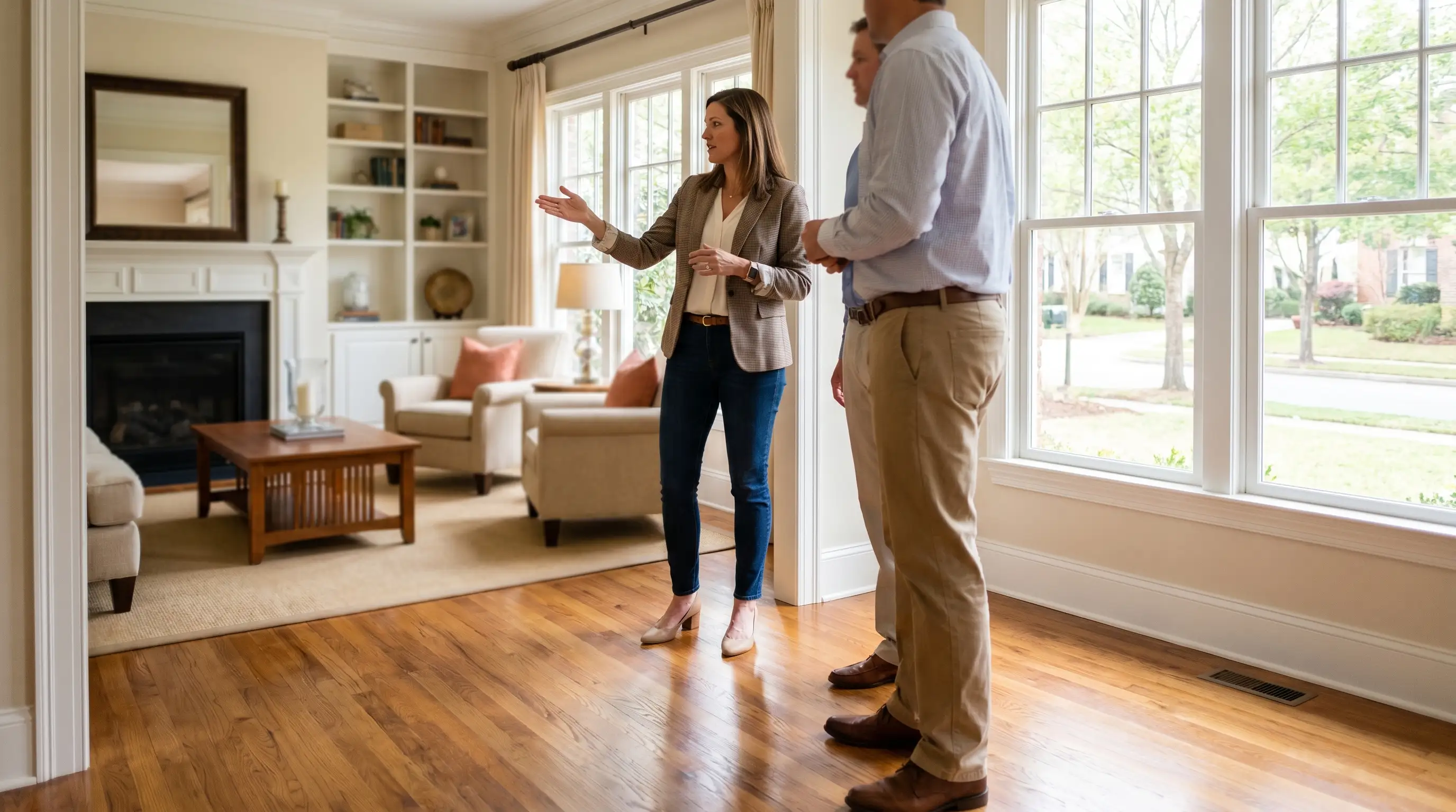 Real estate agent showing a brick home to a couple in a Tuscaloosa, AL neighborhood