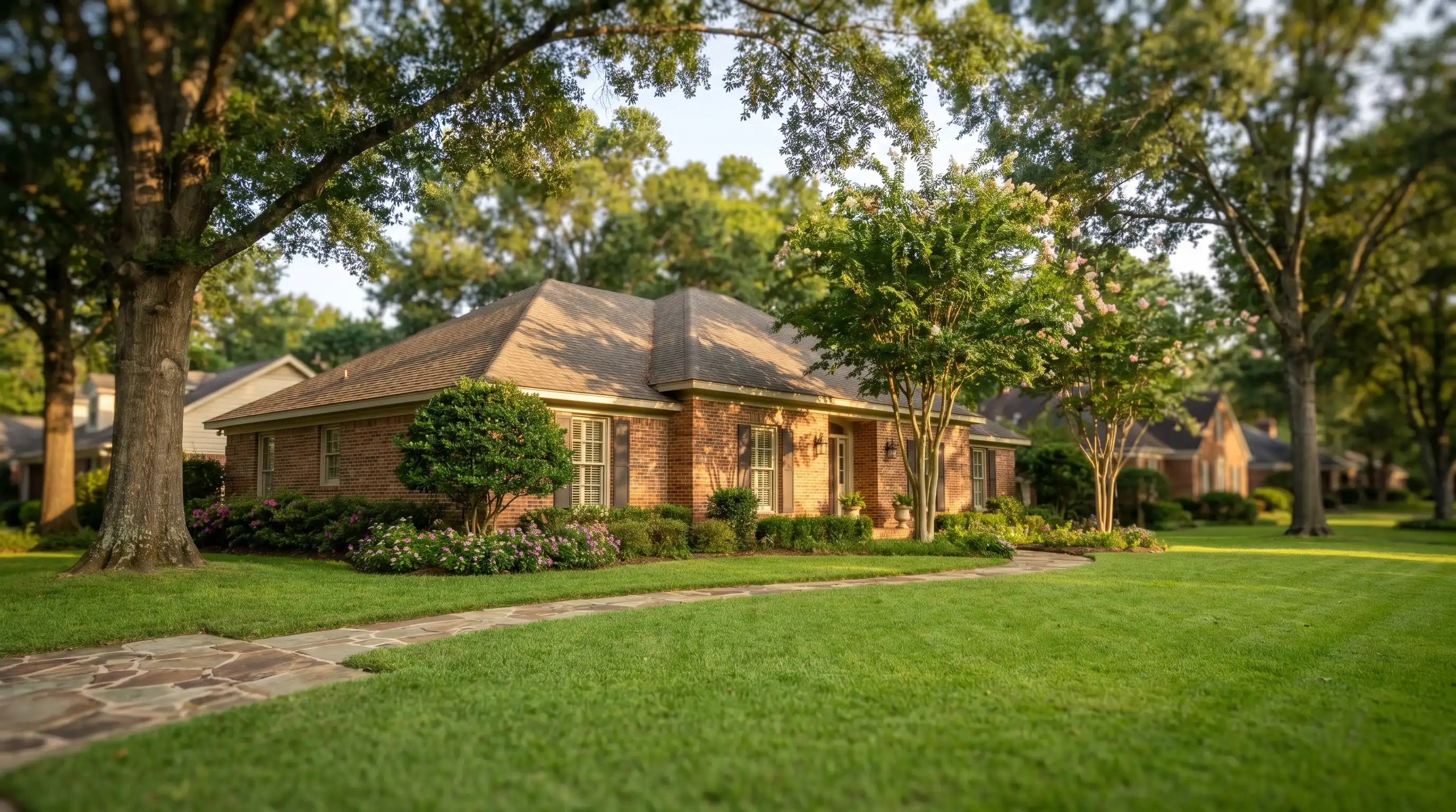 Real estate agent showing a brick home to a couple in a Tuscaloosa, AL neighborhood