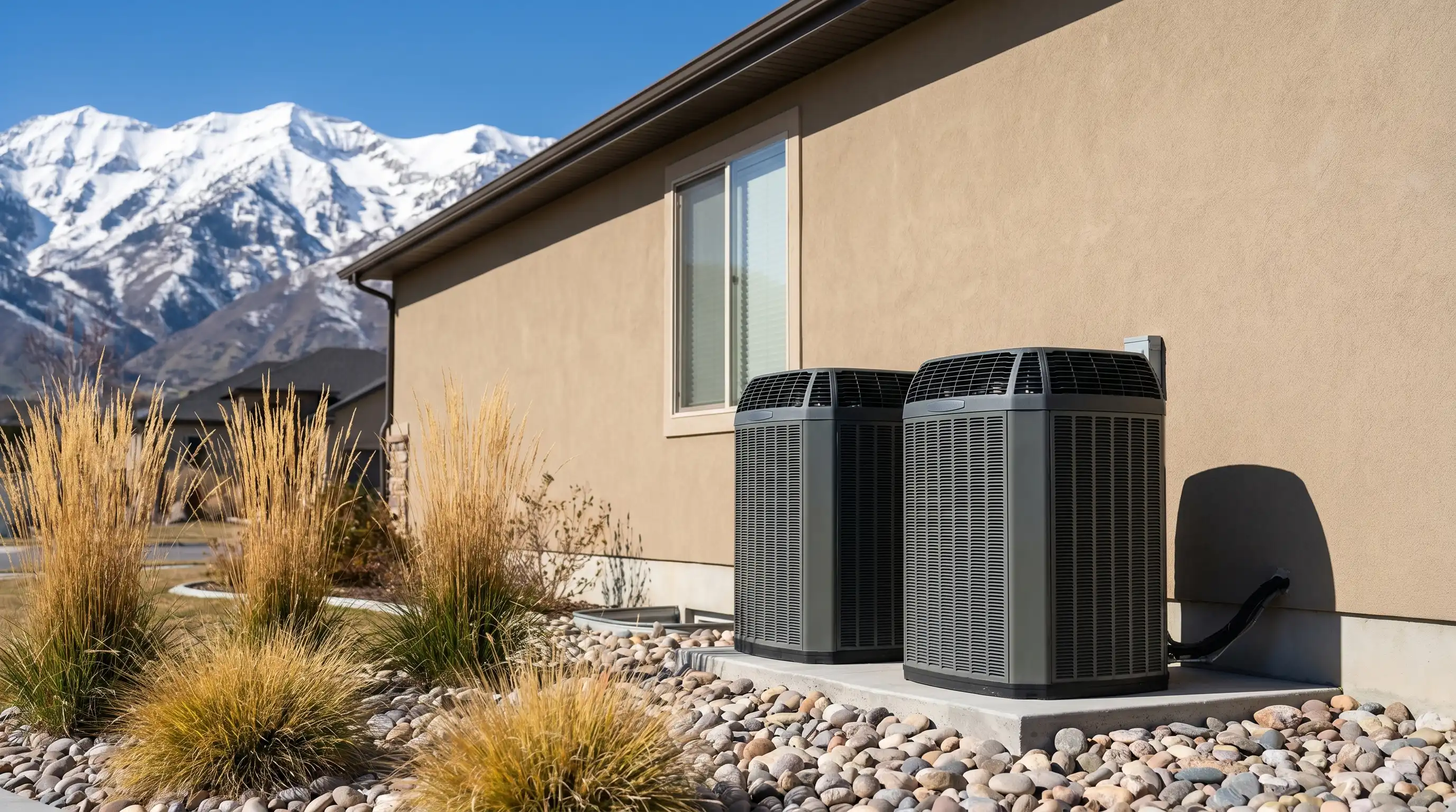 HVAC technician servicing an air conditioning unit at a suburban home in Orem, UT, with the Wasatch Mountains visible in the background