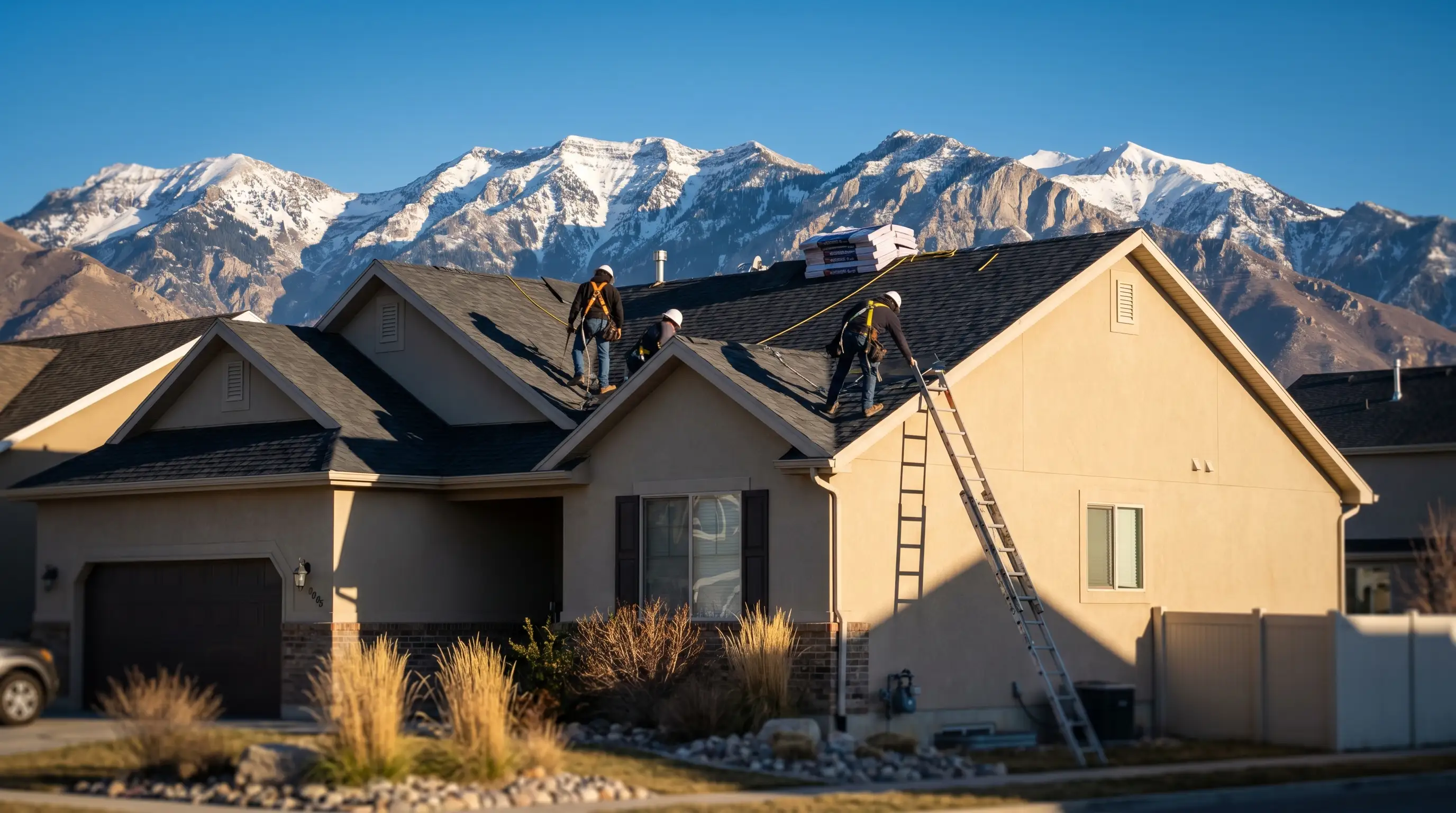 Roofing crew installing new asphalt shingles on a residential home in Orem, UT, with the Wasatch Mountain range visible in the background