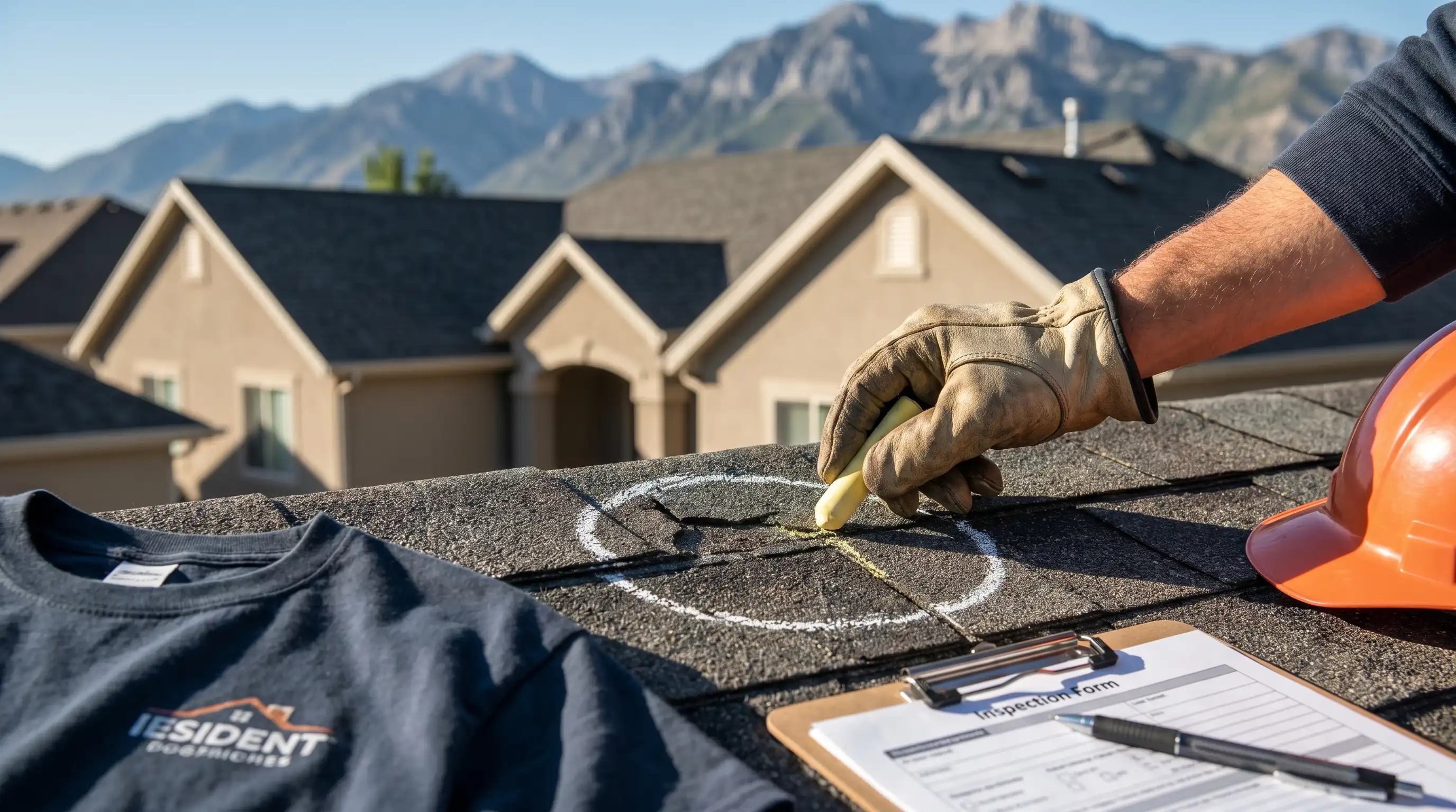 Roofing crew installing new asphalt shingles on a residential home in Orem, UT, with the Wasatch Mountain range visible in the background