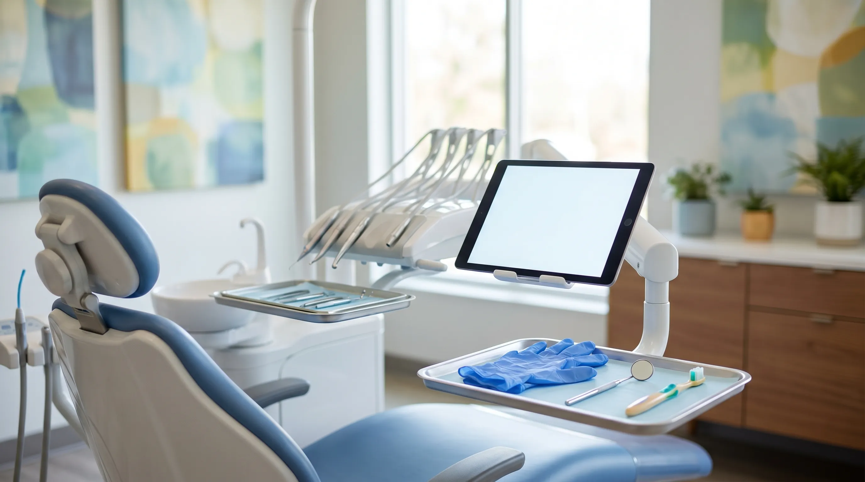 Dental hygienist working with a young patient in a modern dental office in Orem, UT, with bright professional lighting and a welcoming treatment room