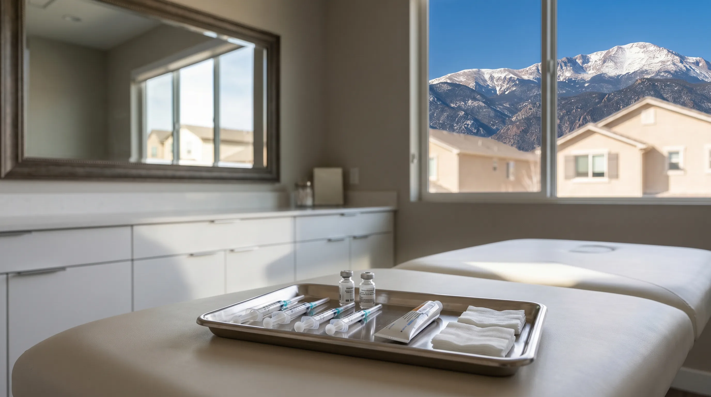 Medical aesthetician performing a cosmetic injectable treatment in a modern medspa treatment room in Orem, UT, with professional clinical lighting and upscale decor