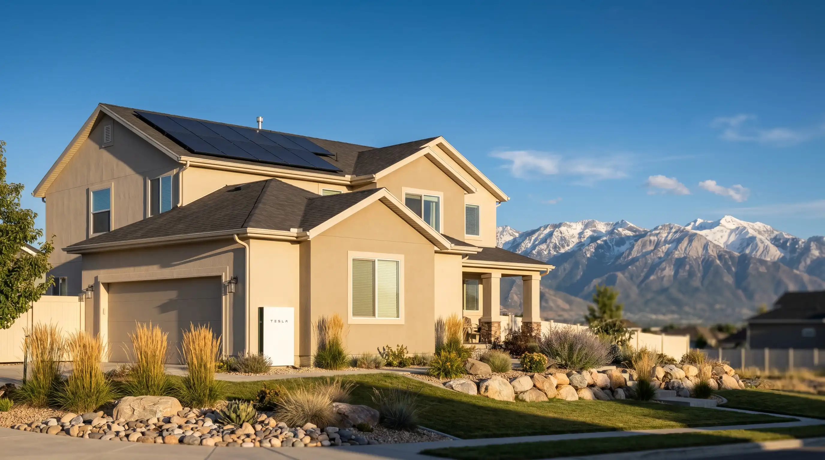 Solar technician in a safety harness installing black solar panels on the south-facing roof of a stucco home in Orem, UT, with snow-capped Wasatch Mountains and a clear blue high-altitude sky in the background