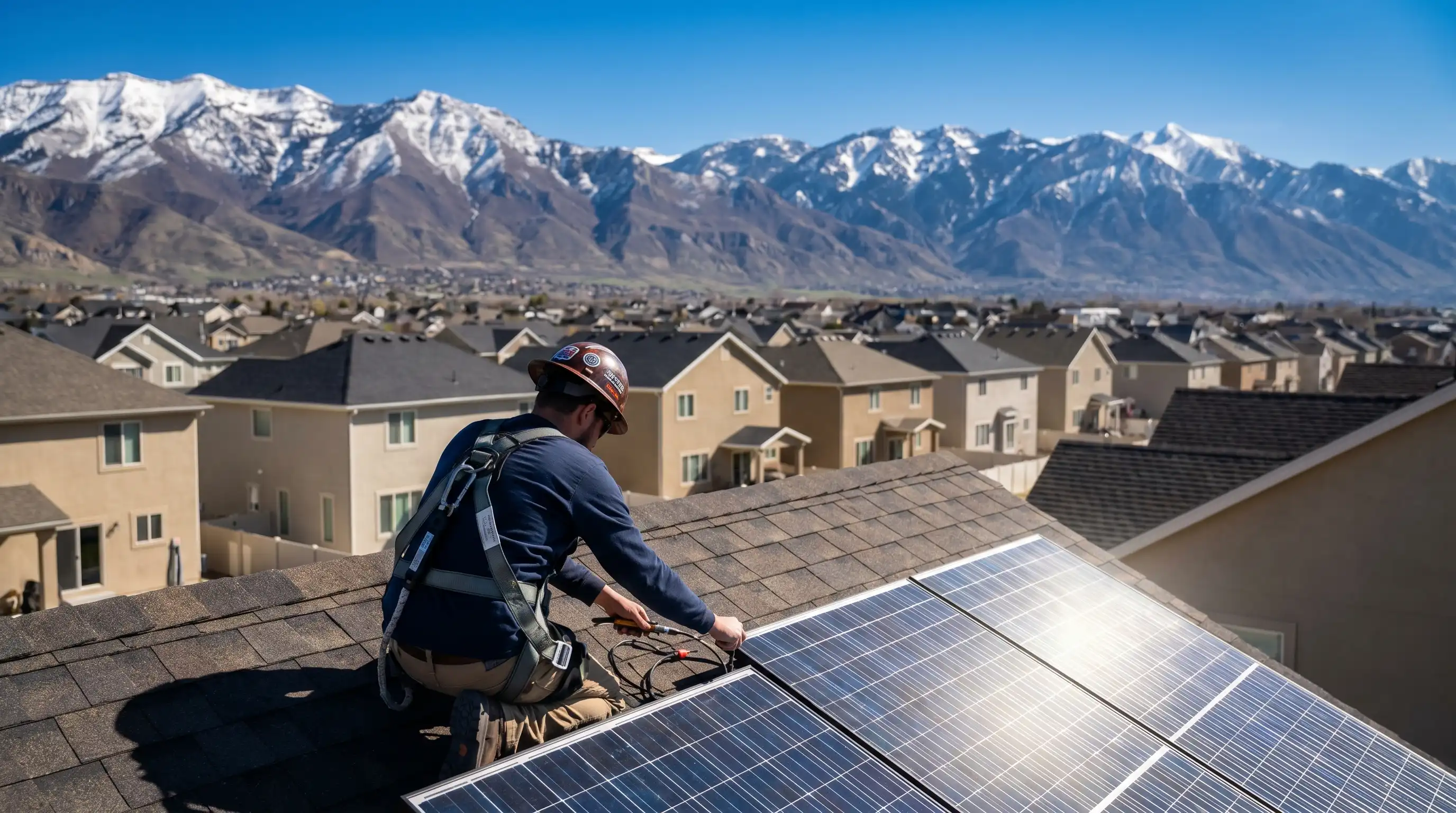 Solar technician in a safety harness installing black solar panels on the south-facing roof of a stucco home in Orem, UT, with snow-capped Wasatch Mountains and a clear blue high-altitude sky in the background