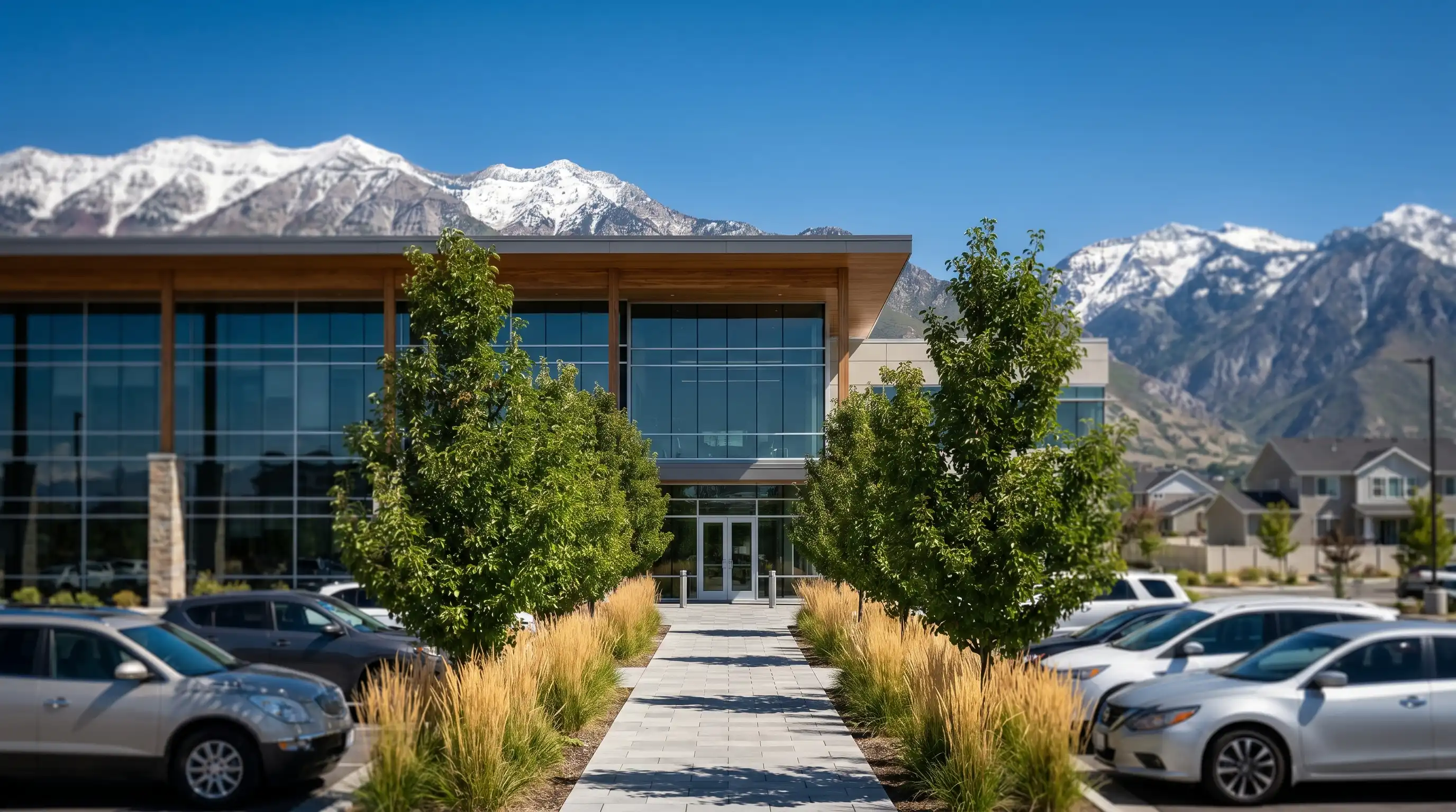 Attorney in a navy suit seated across from a client couple in a warmly lit modern law office in Orem, UT, with legal volumes on bookshelves and a clear Wasatch Mountain view through a large window