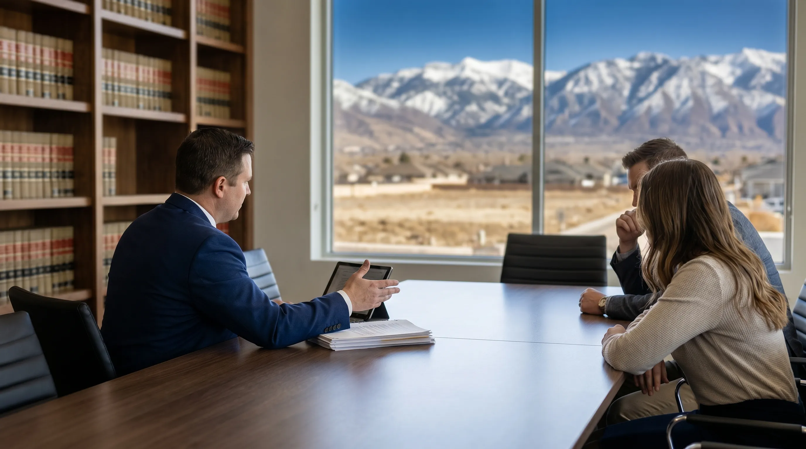 Attorney in a navy suit seated across from a client couple in a warmly lit modern law office in Orem, UT, with legal volumes on bookshelves and a clear Wasatch Mountain view through a large window