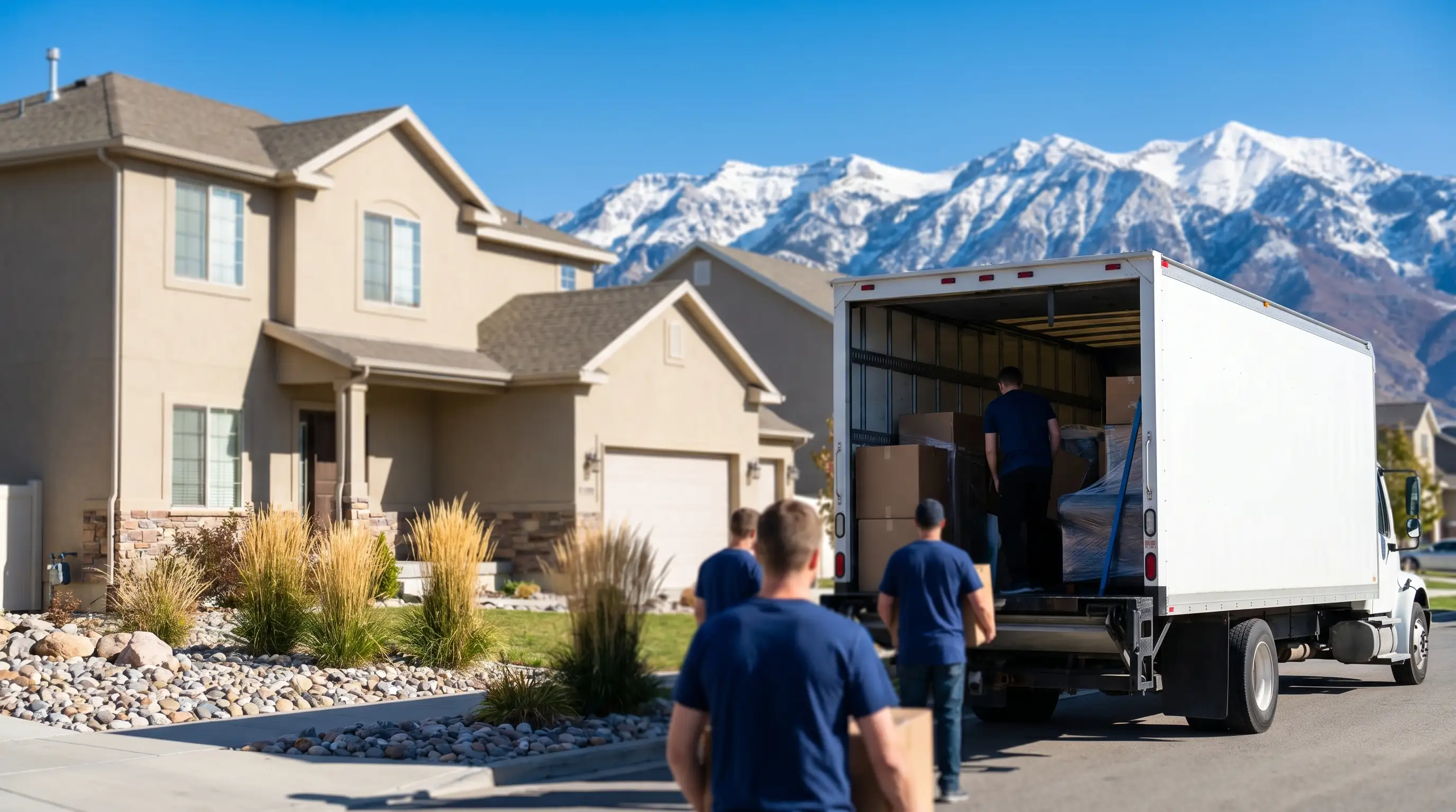 Professional movers in branded t-shirts loading furniture from a two-story stucco home in Orem, UT, with a full-size white moving truck parked at the curb and snow-capped Wasatch Mountains visible in the background