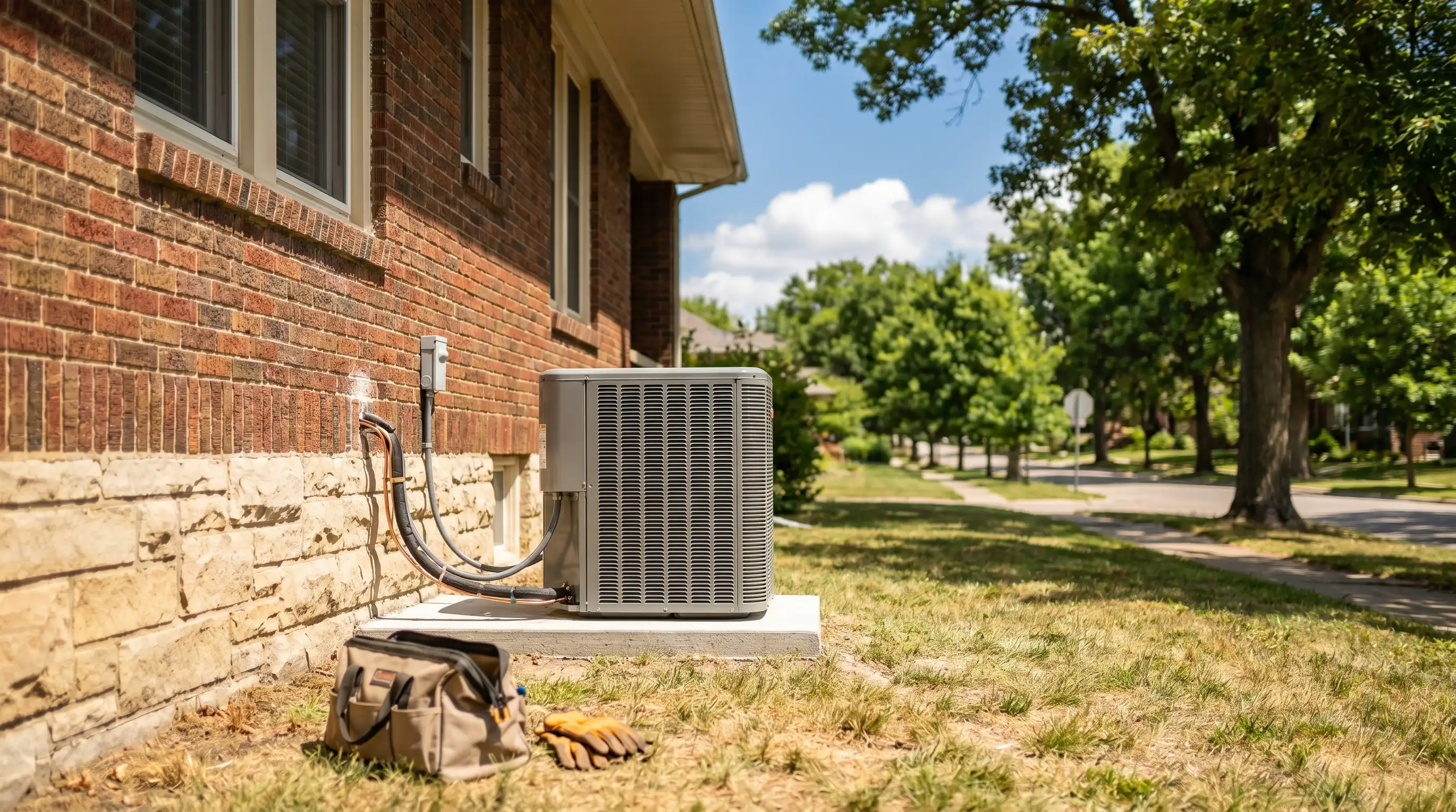 Professional HVAC technician servicing an outdoor AC unit at a residential home in Lawrence, KS