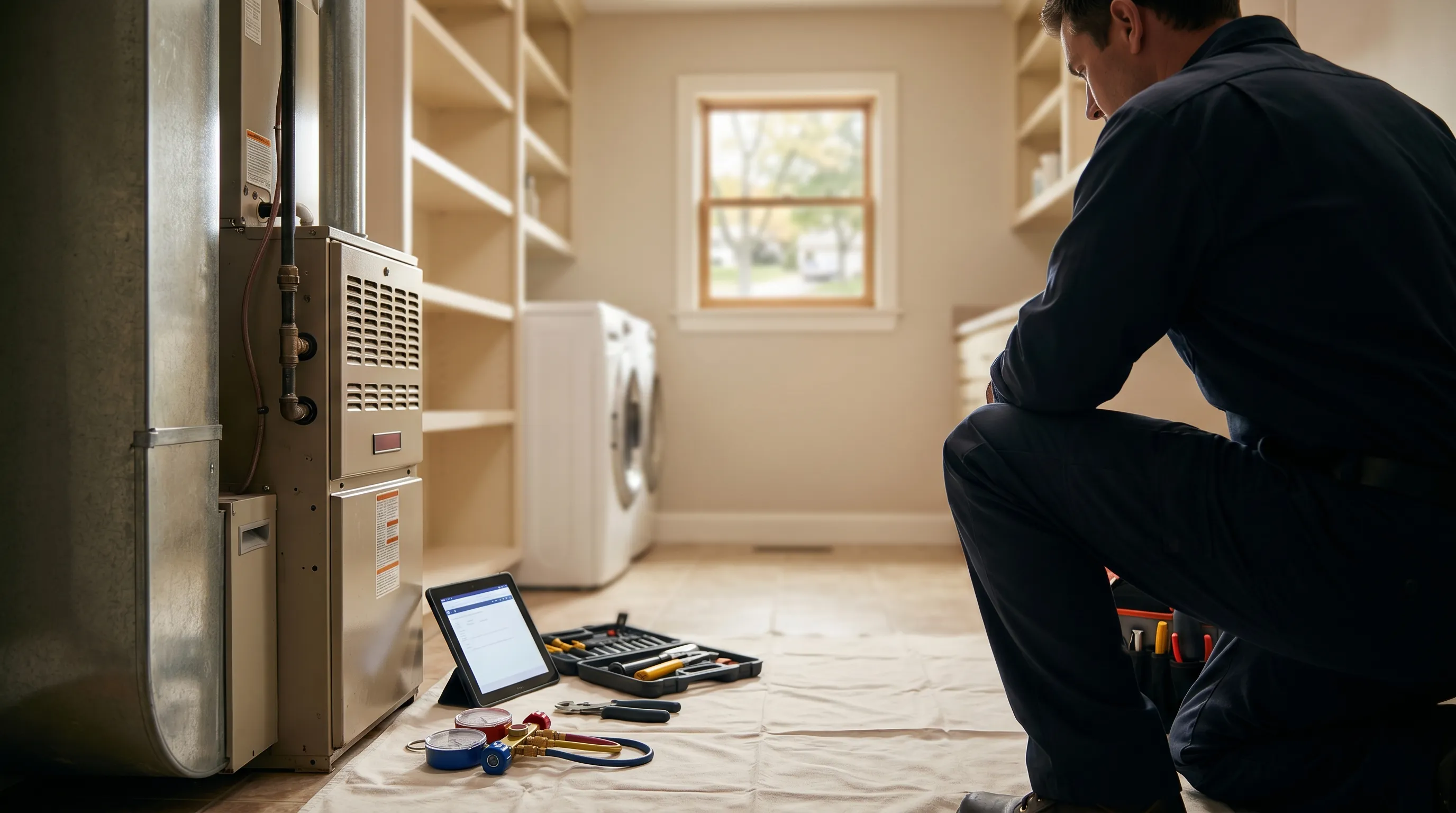 Professional HVAC technician servicing an outdoor AC unit at a residential home in Lawrence, KS
