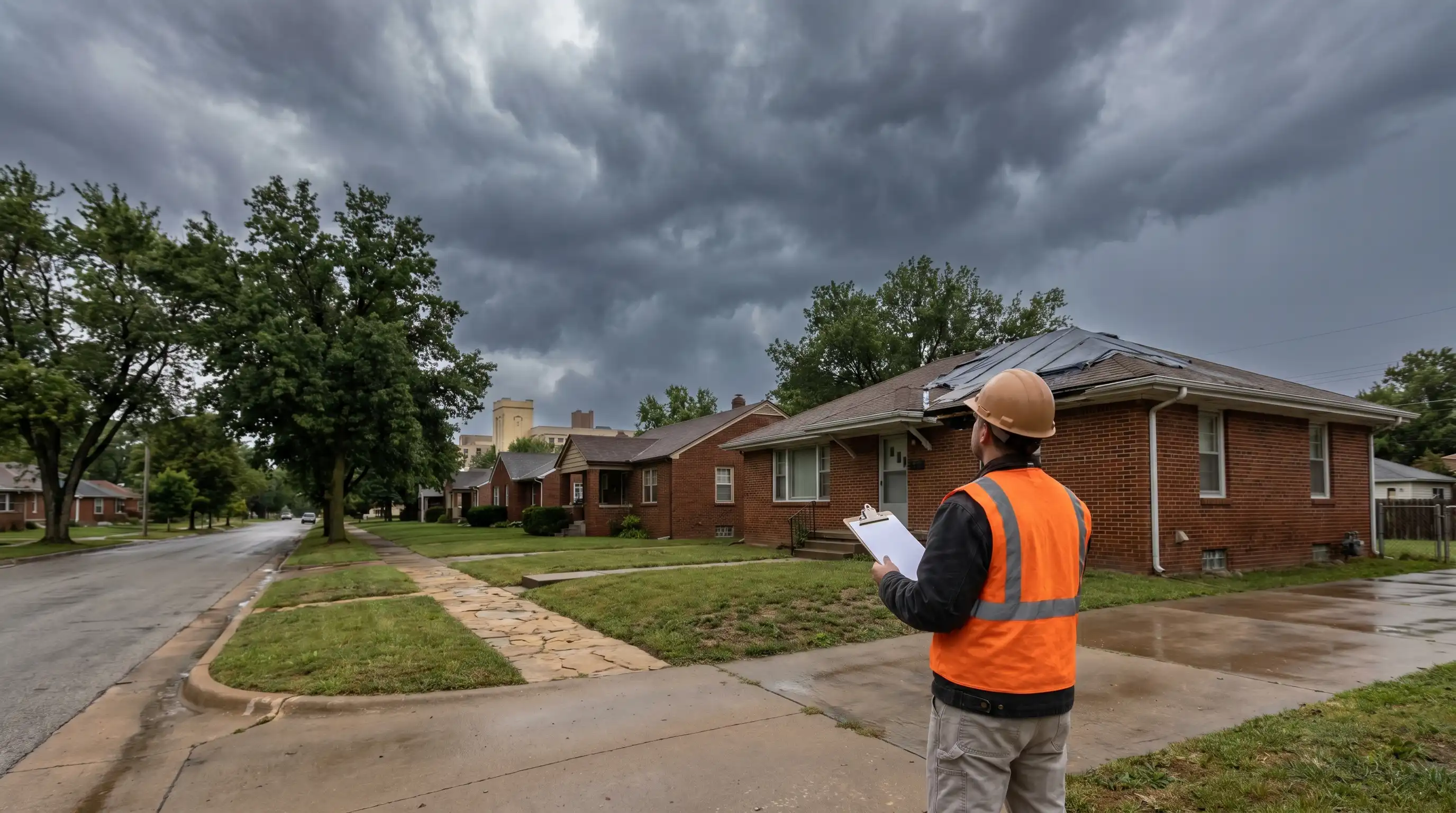 Professional roofing contractor inspecting storm hail damage on a residential home in Lawrence, KS