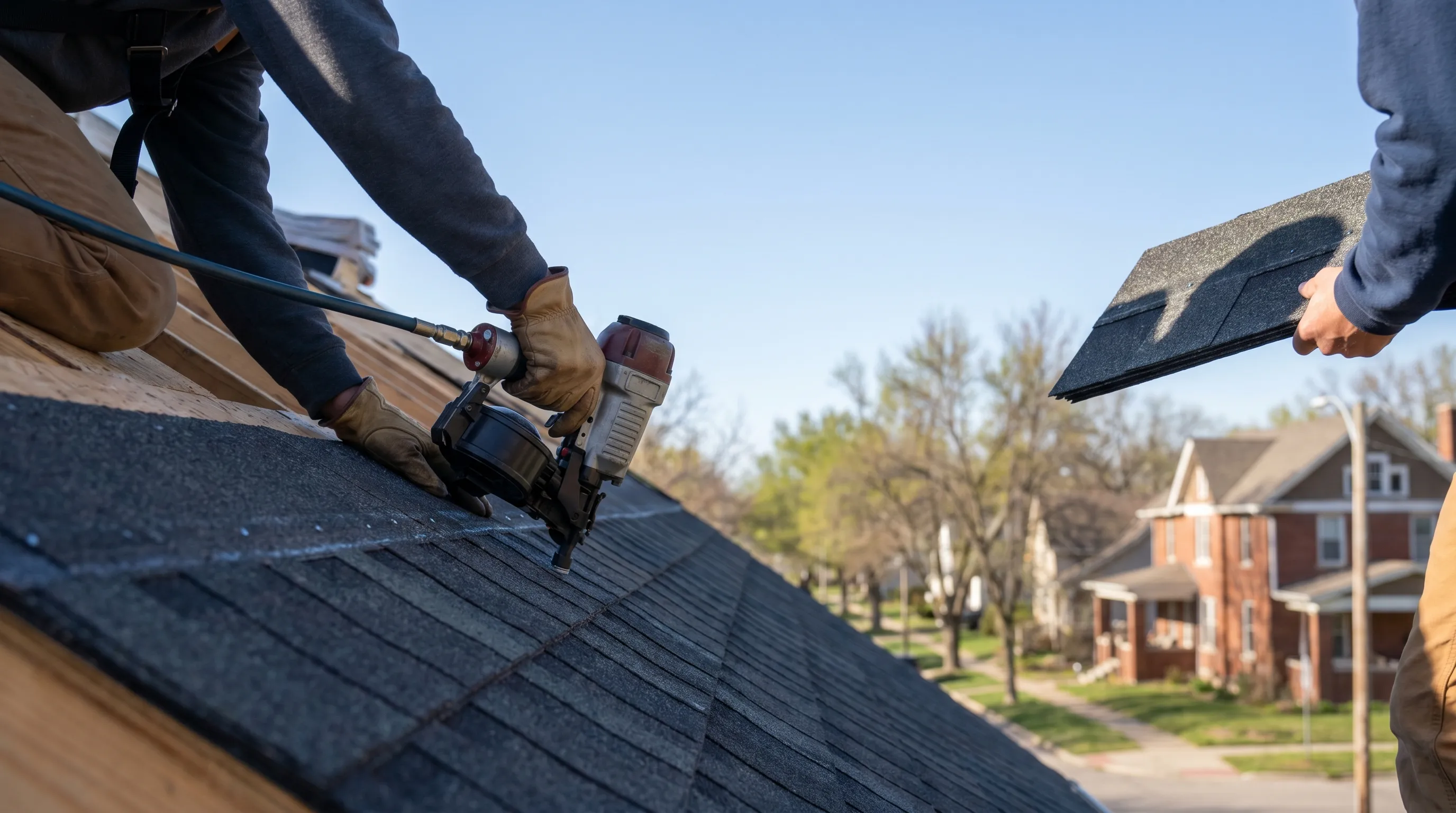 Professional roofing contractor inspecting storm hail damage on a residential home in Lawrence, KS