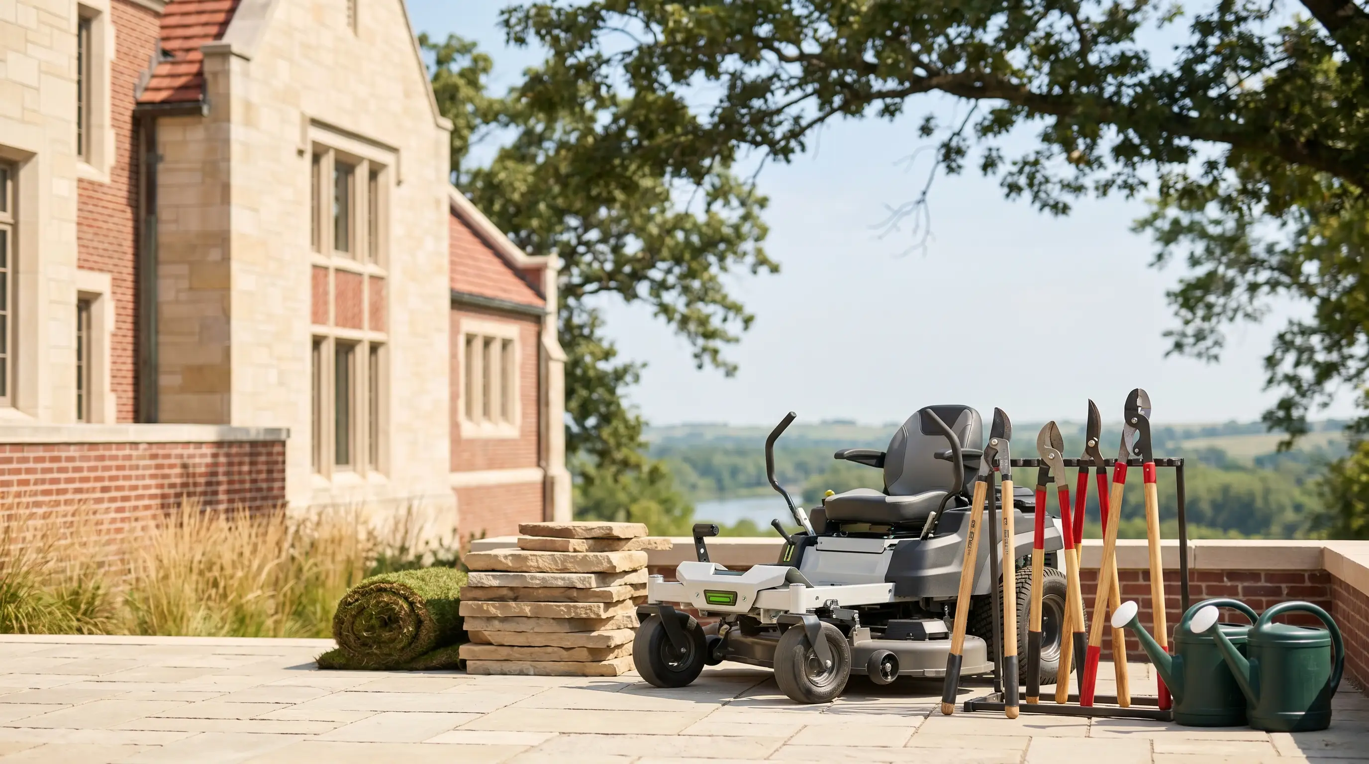 Professional landscaping crew maintaining lawn at a residential property in Lawrence, KS