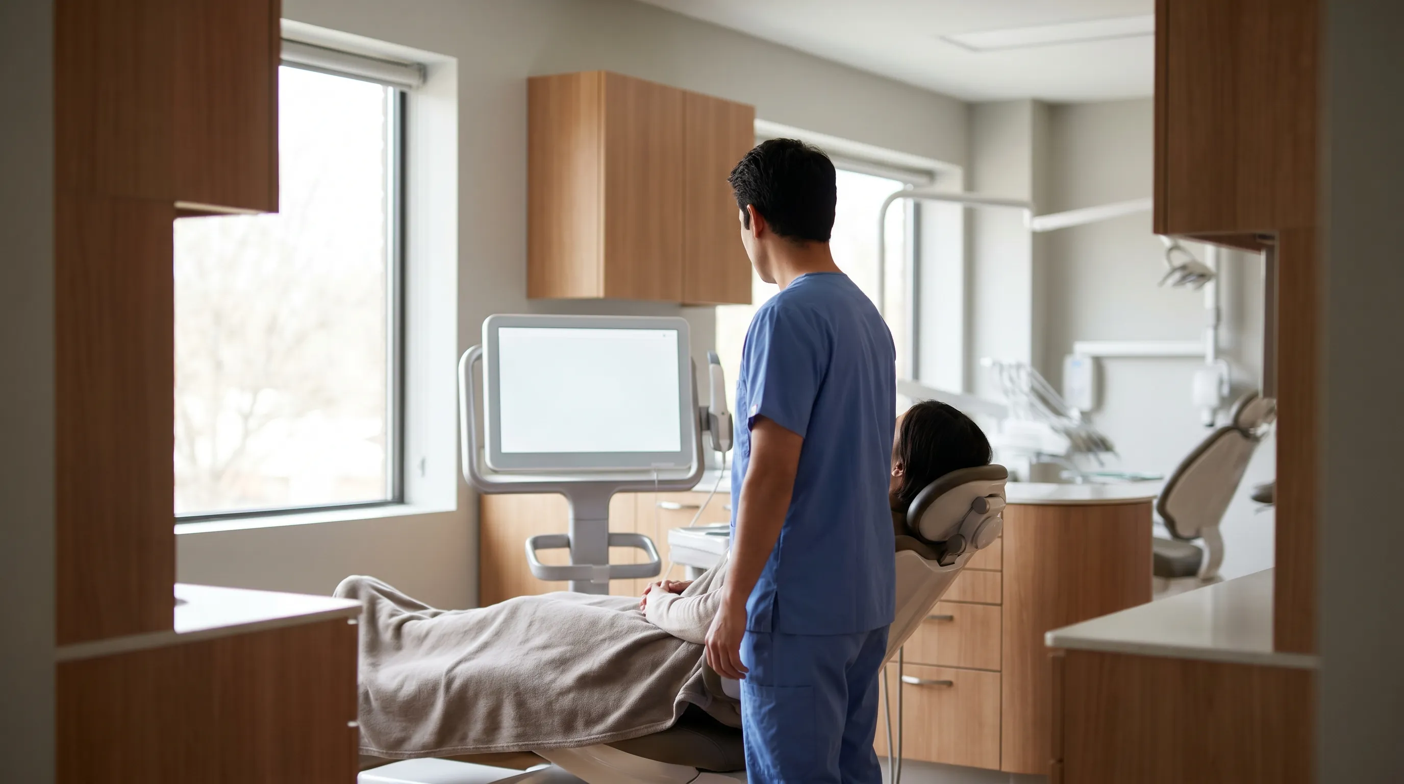 Modern dental treatment room at a professional dental practice in Lawrence, KS with dentist consulting with patient