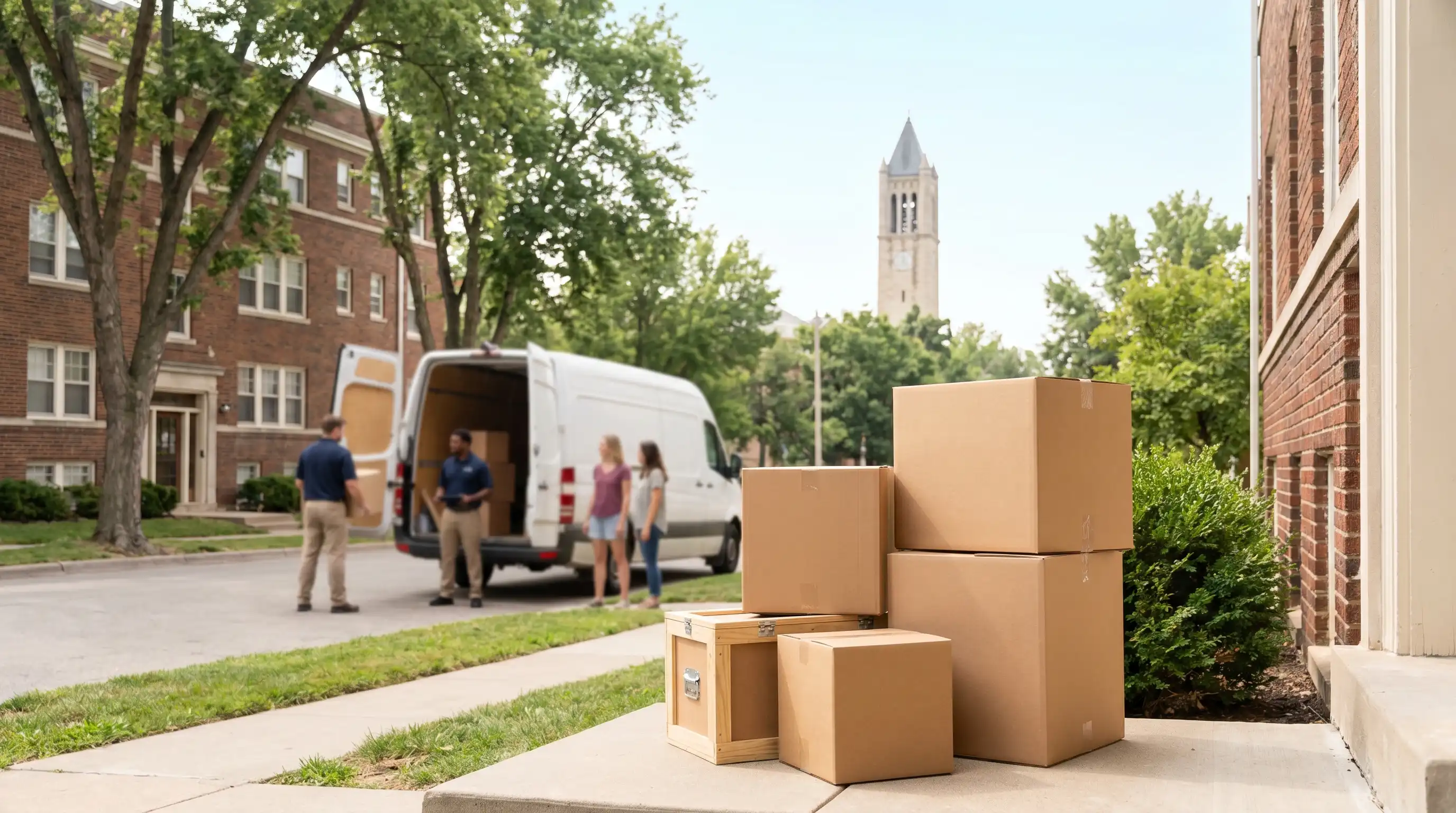 Professional moving crew loading boxes into a branded moving van outside a brick apartment building near KU campus in Lawrence, KS